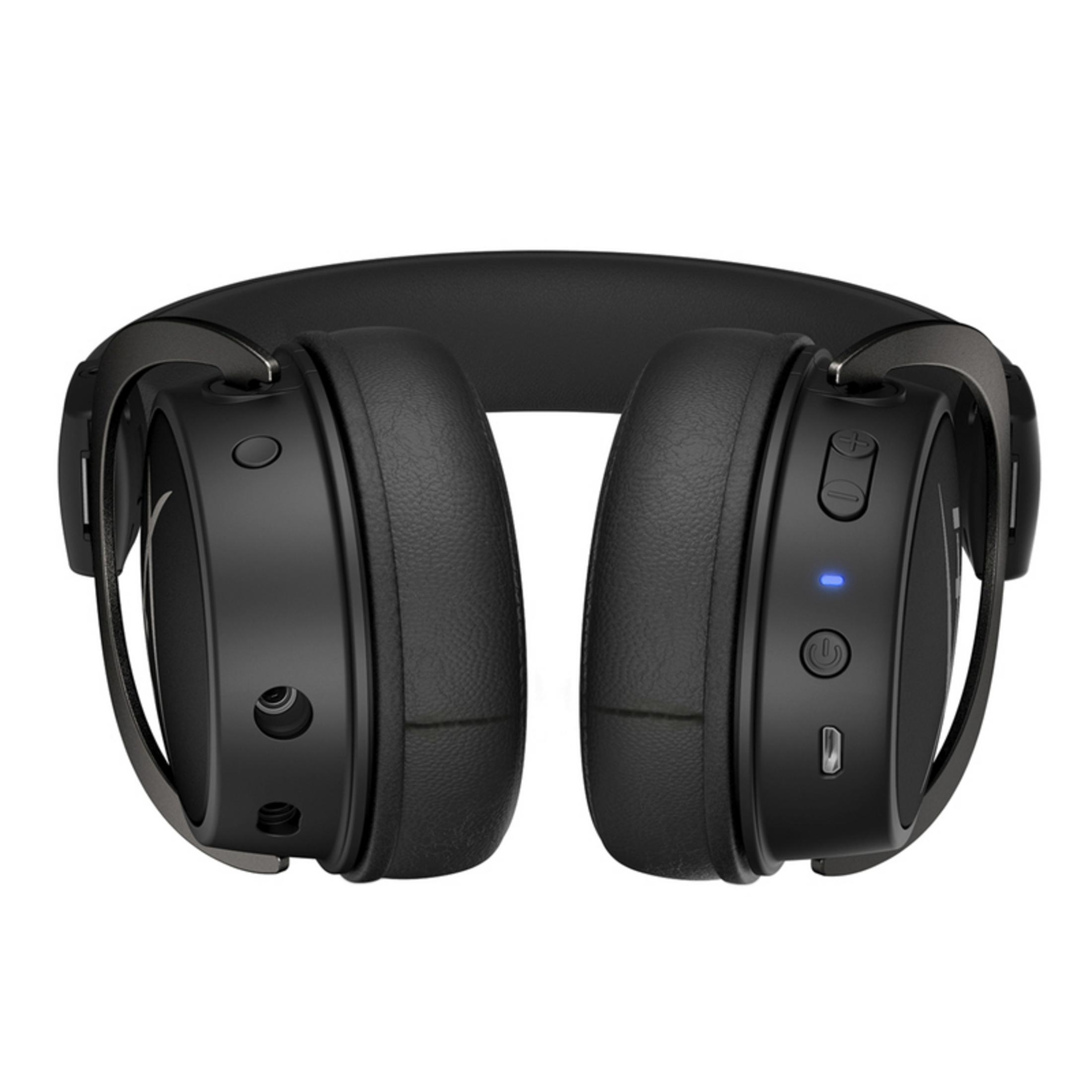 Schwarze Over-Ear-Kopfhörer, von vorne gesehen, mit sichtbaren Knöpfen und blauem Licht.
