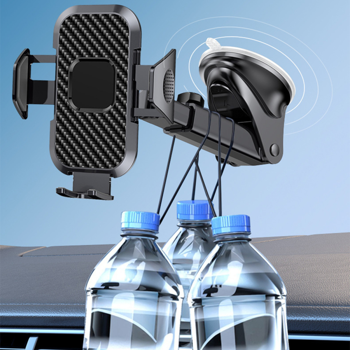 Autotelefonhalter mit Saugnapf. Blaue Flaschen im Hintergrund. Schwarz und Silber.