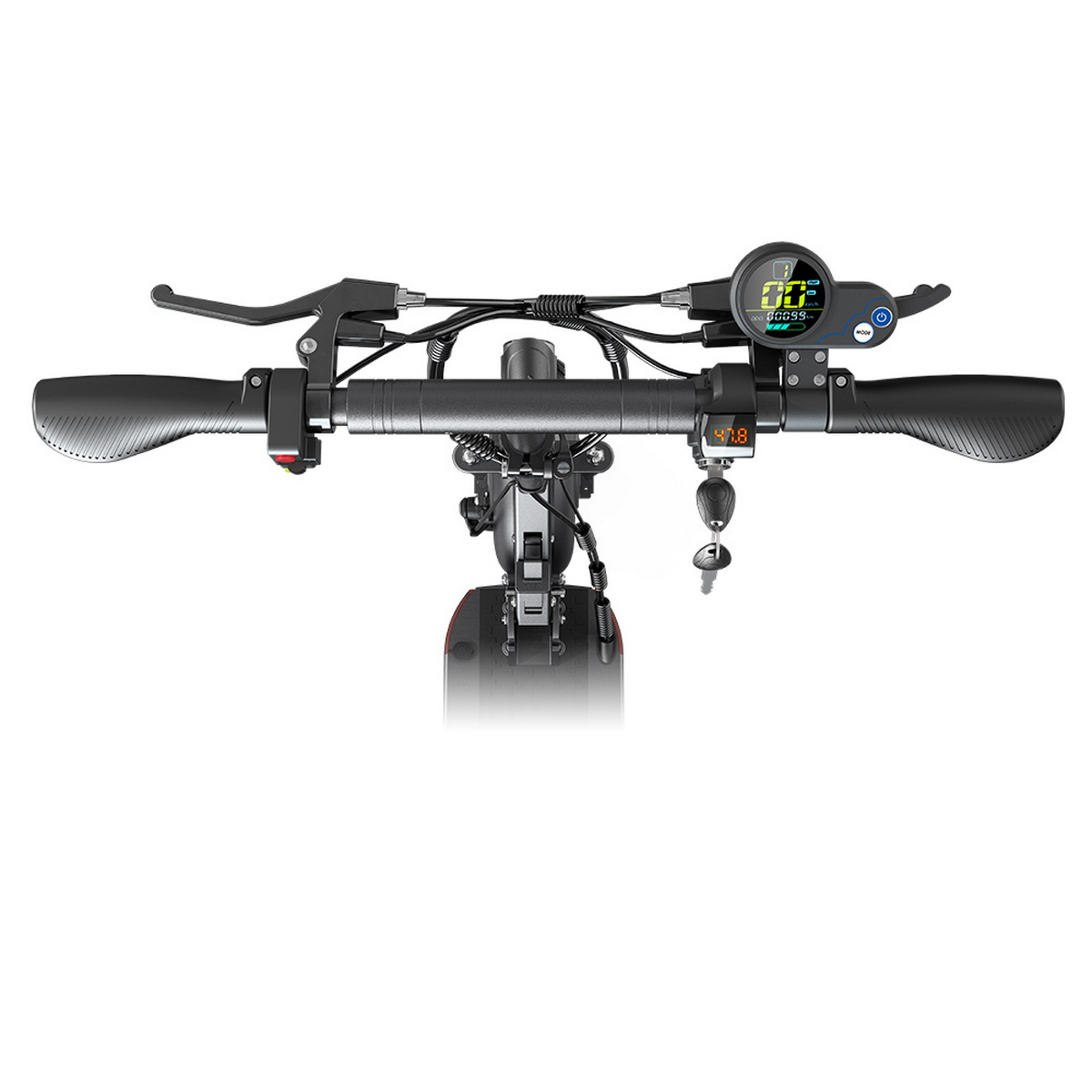 Roller-Lenker mit Digitalanzeige, Hebeln und Schlüsseln, vor weißem Hintergrund.