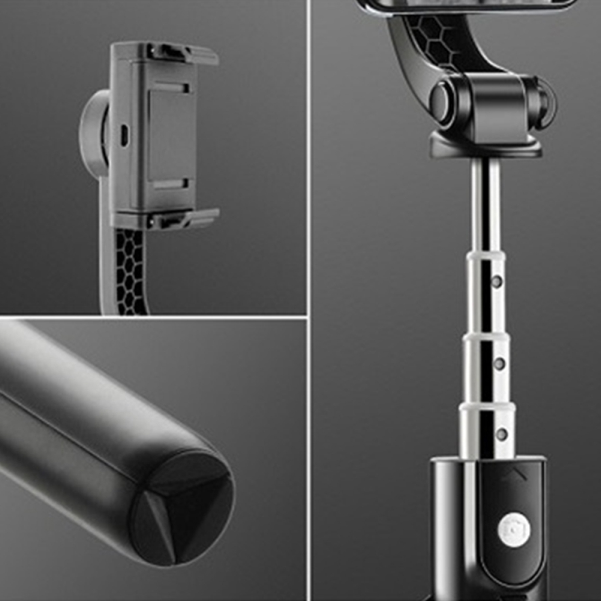 Schwarze Selfie-Stick-Teile. Halter, verstellbare Stange und Basis mit Ein-/Aus-Taste.