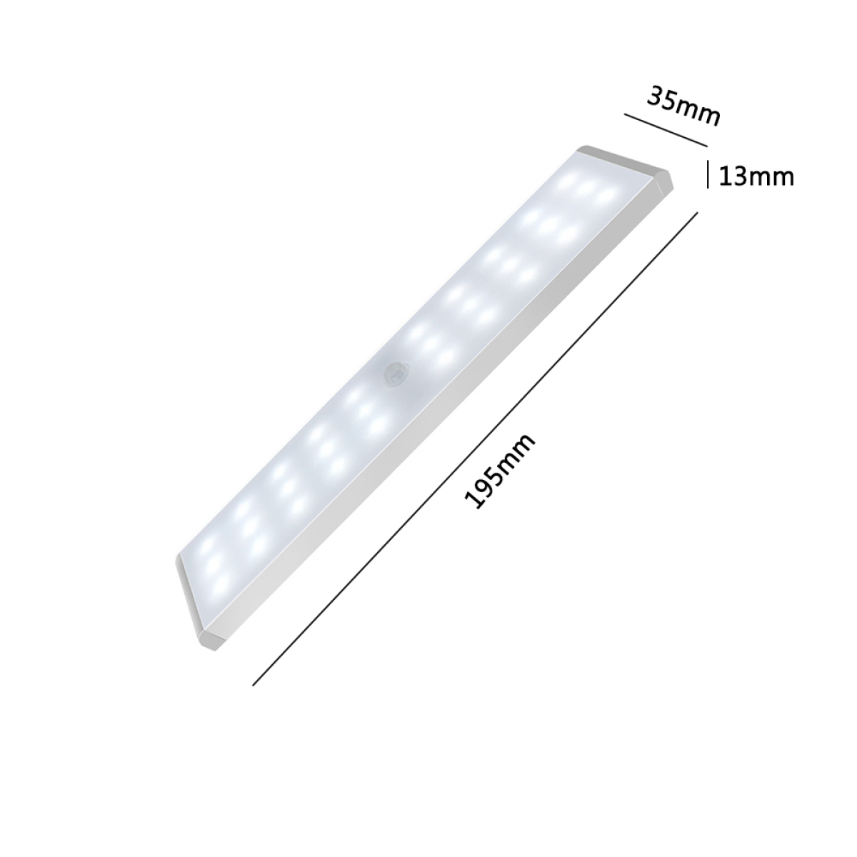 Eine weiße LED-Leiste mit beschrifteten Abmessungen. Das Licht hat mehrere LEDs und einen Bewegungssensor.