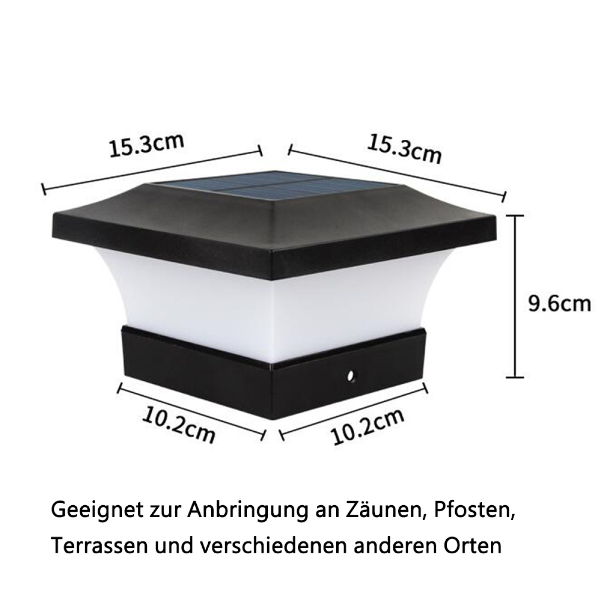 Schwarze Solar-Pfeilerleuchte mit Maßen, geeignet für Zäune.