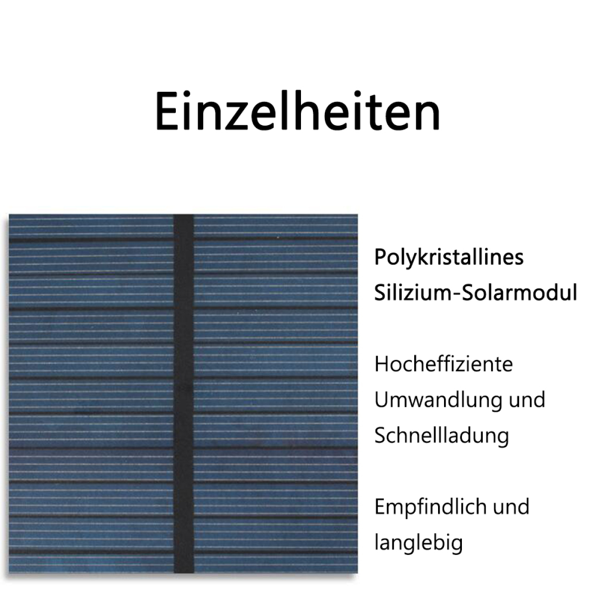 Text über Solarmodul. Bild eines Solarmoduls mit blauen Zellen und schwarzen Linien.