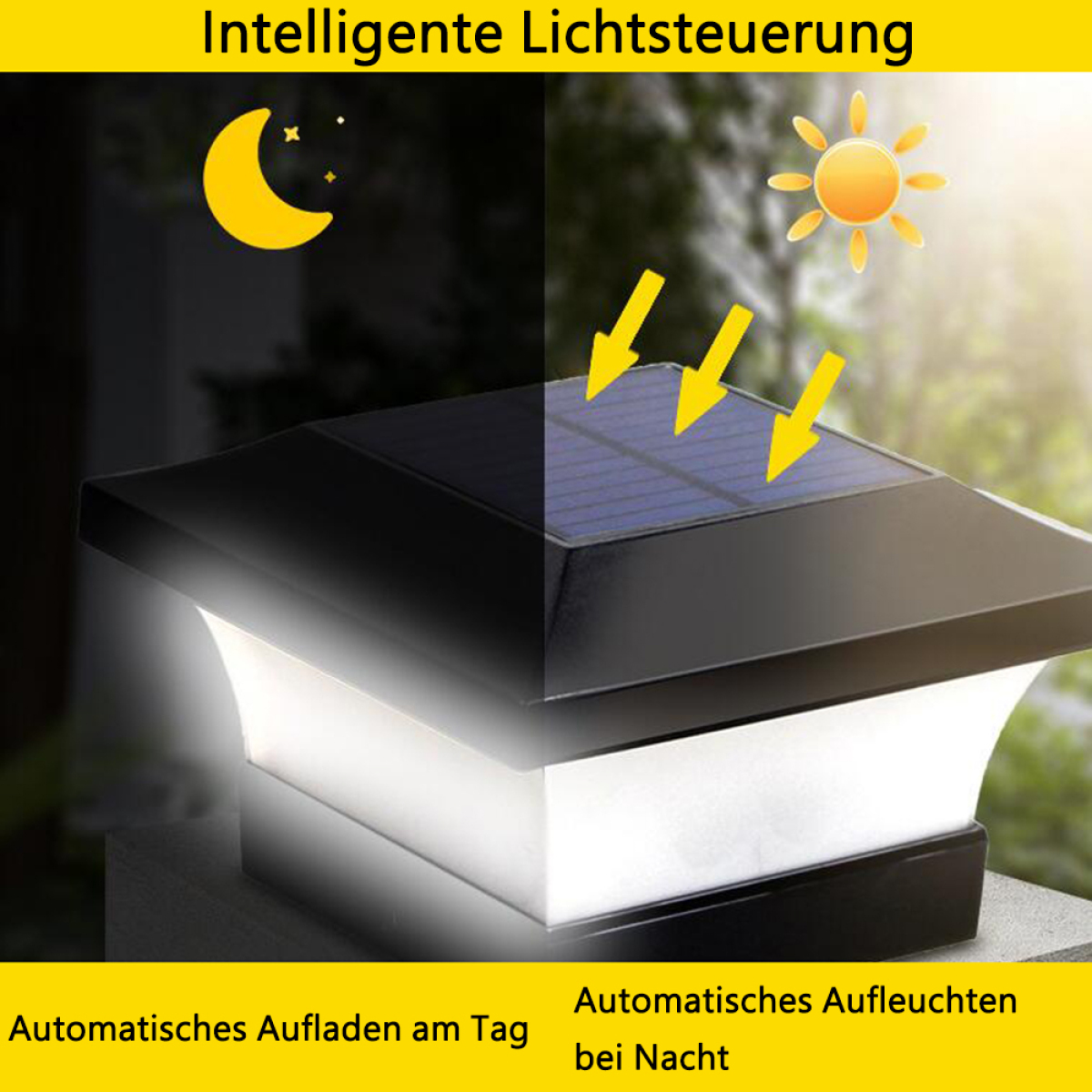 Solarbetriebene Leuchte. Eine schwarze Leuchte. Zeigt Sonnen- und Mondsymbole mit deutschem Text.