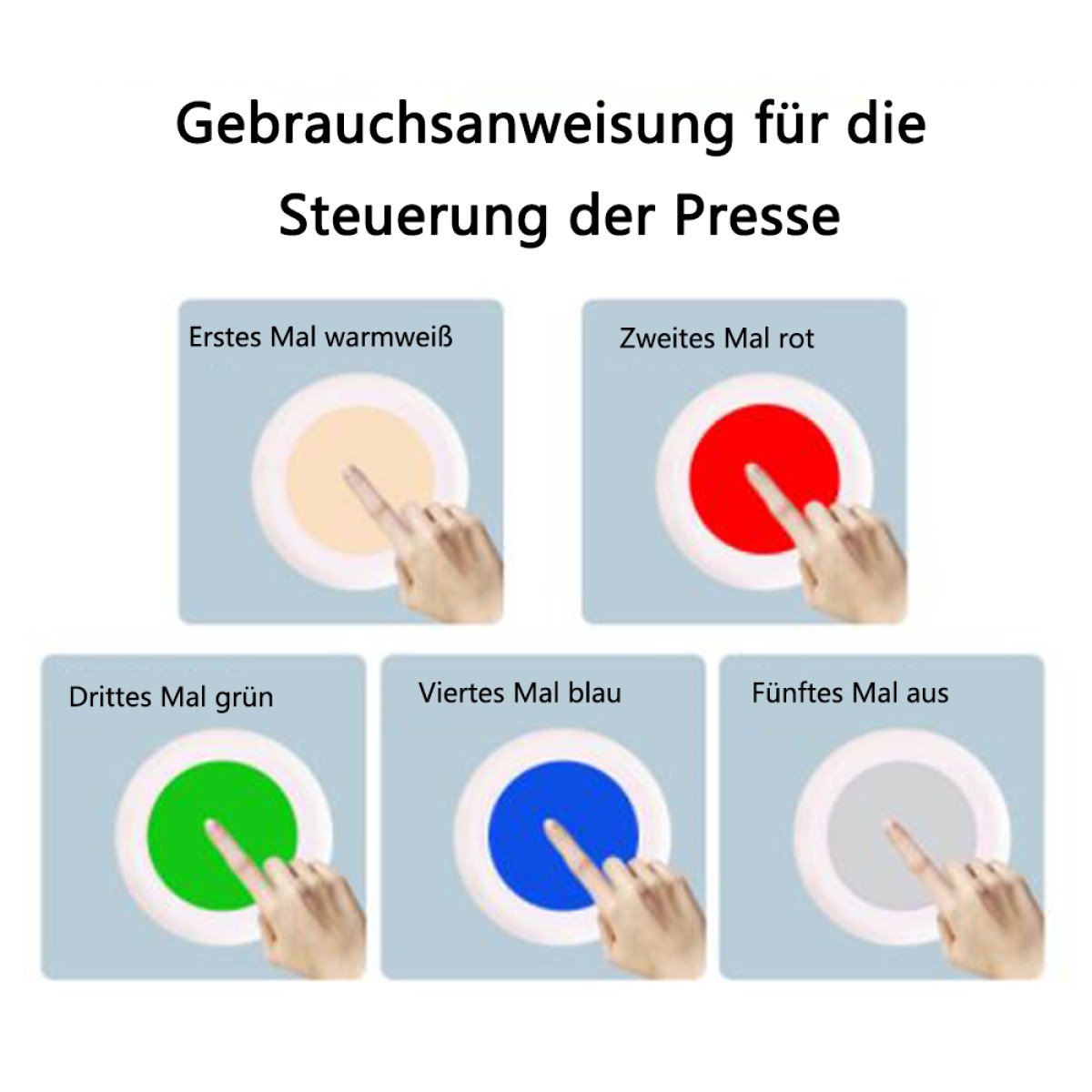 Anleitung, die Finger zeigt, die farbige Kreise drücken, weißer Hintergrund.