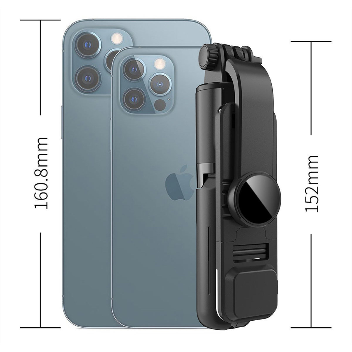 Zwei Smartphones mit einem schwarzen Selfie-Stick. Abmessungen werden gezeigt. Telefone sind blau.