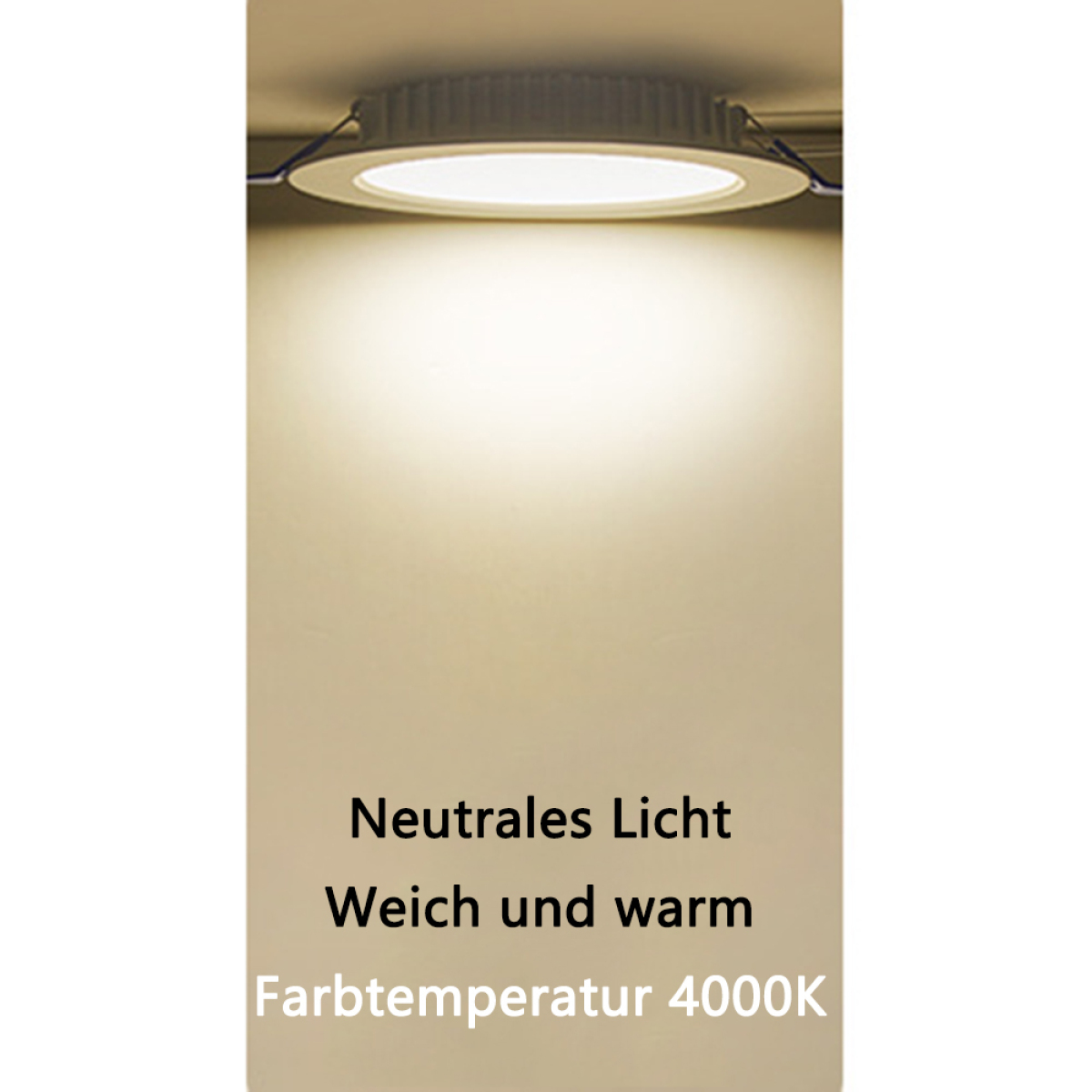 Kreisförmige Deckenleuchte, die weiches, warmes Licht ausstrahlt. Text: 'Neutrales Licht. Weich und warm'.
