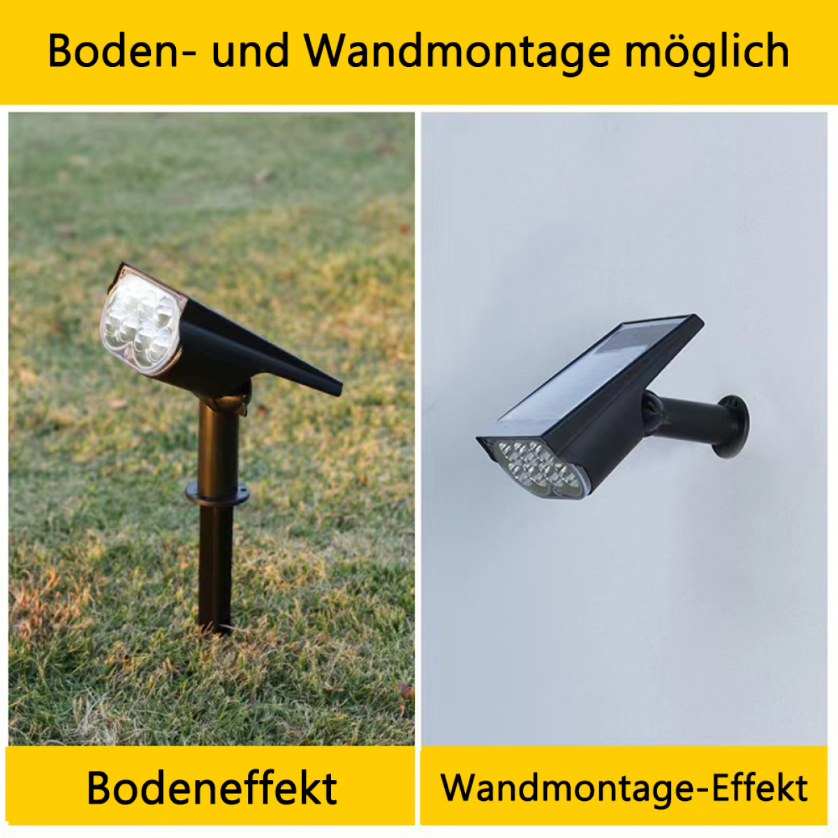 Zwei Solar-Strahlerspots, boden- und wandmontiert, auf weißem Hintergrund gezeigt.