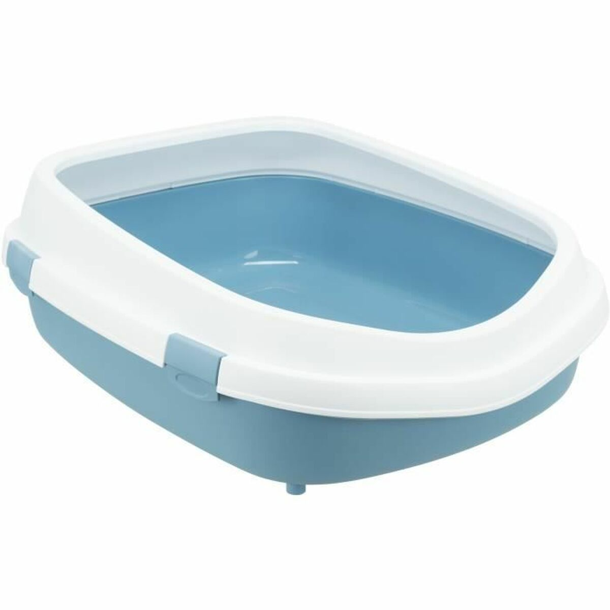 Blaue und weiße Katzentoilette mit weißem Rand.