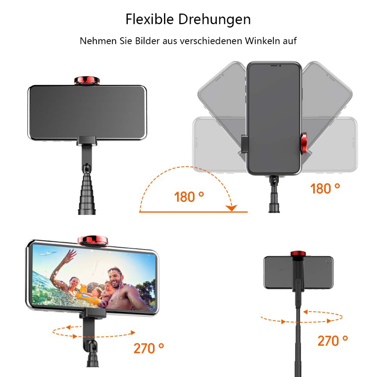 Ein Handyhalter mit der Möglichkeit, sich um 180 und 270 Grad zu drehen, mit Beispielen.