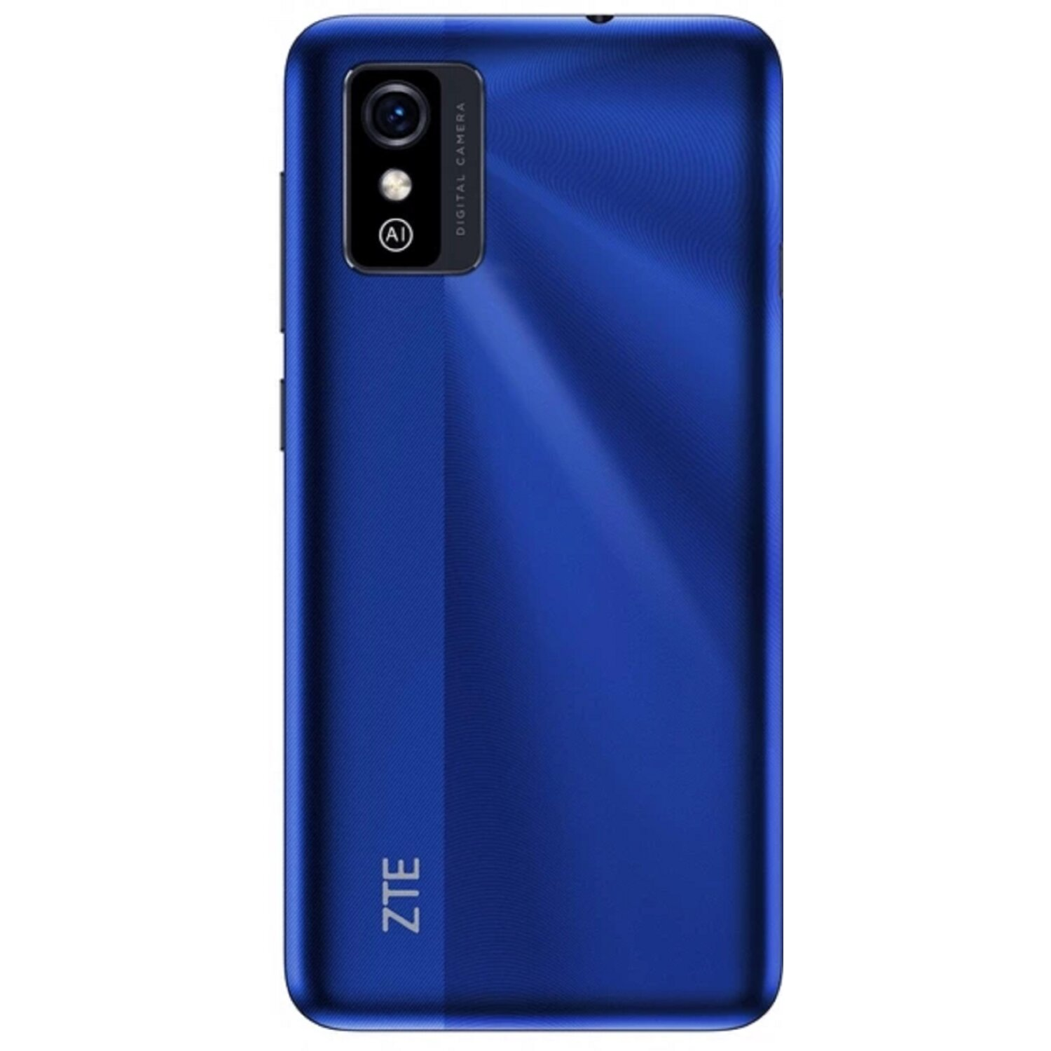 Un smartphone azul, vista trasera, con una cámara. Fondo blanco.