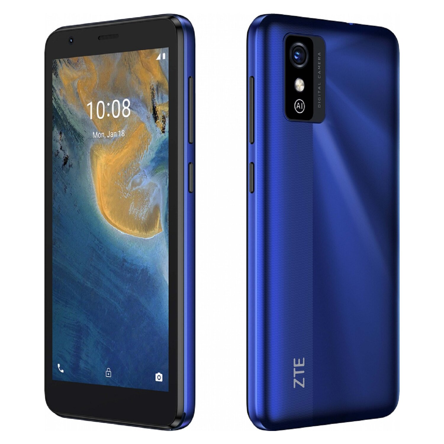 Smartphone azul, vistas frontal y trasera. Cuenta con una pantalla que muestra un mapa y el logotipo de ZTE.