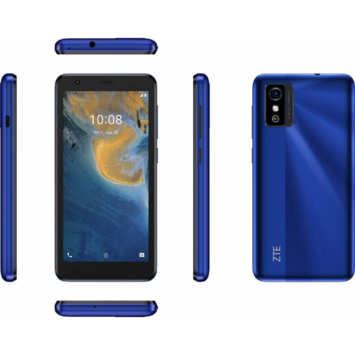 Smartphone azul desde múltiples vistas. La pantalla muestra la hora y la fecha.