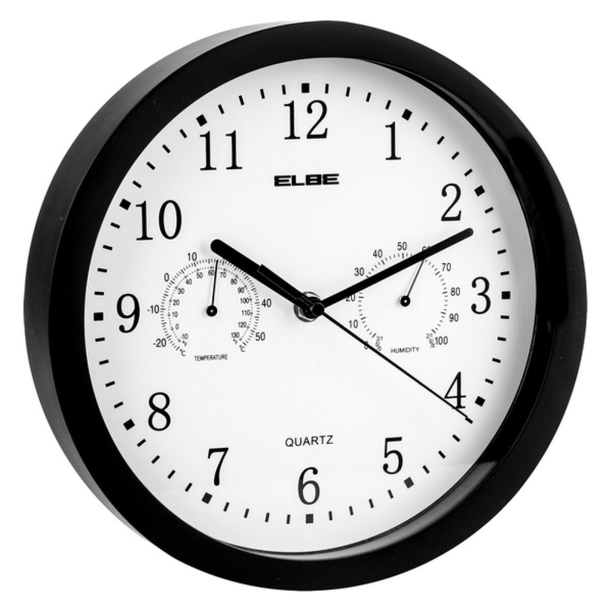 Un reloj de pared analógico en blanco y negro con bisel negro, esfera blanca y un medidor de temperatura y humedad.