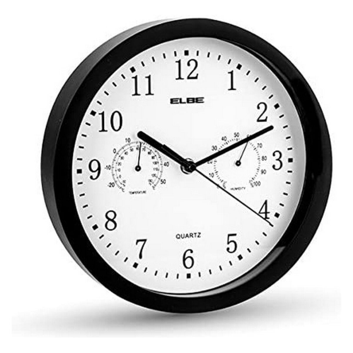 Reloj de pared redondo negro con esfera blanca, números y dos diales, aislado sobre blanco.