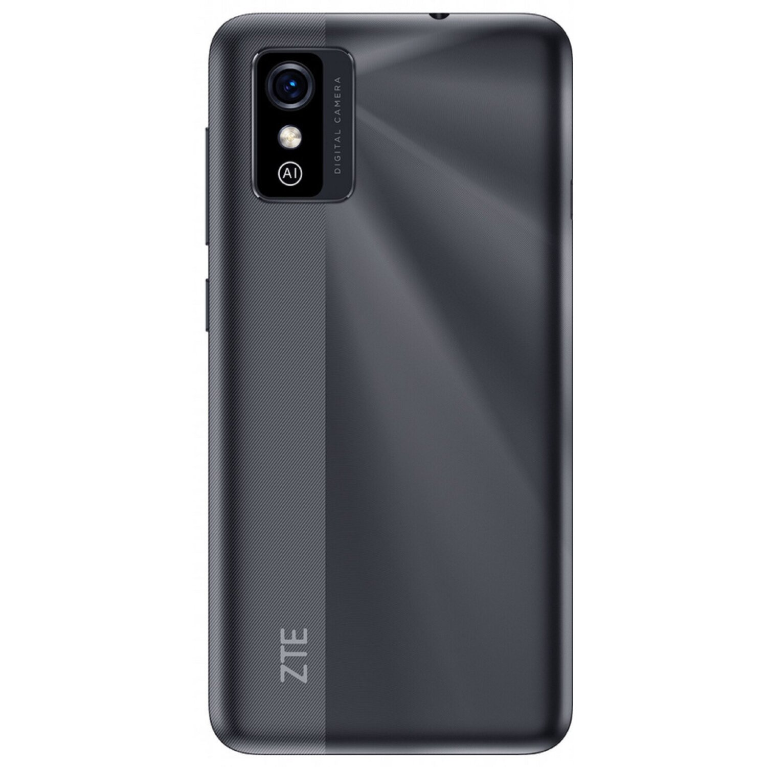 Die Rückseite eines dunkelgrauen ZTE-Smartphones mit Kamera, Blitz und ZTE-Logo auf grauem Hintergrund.