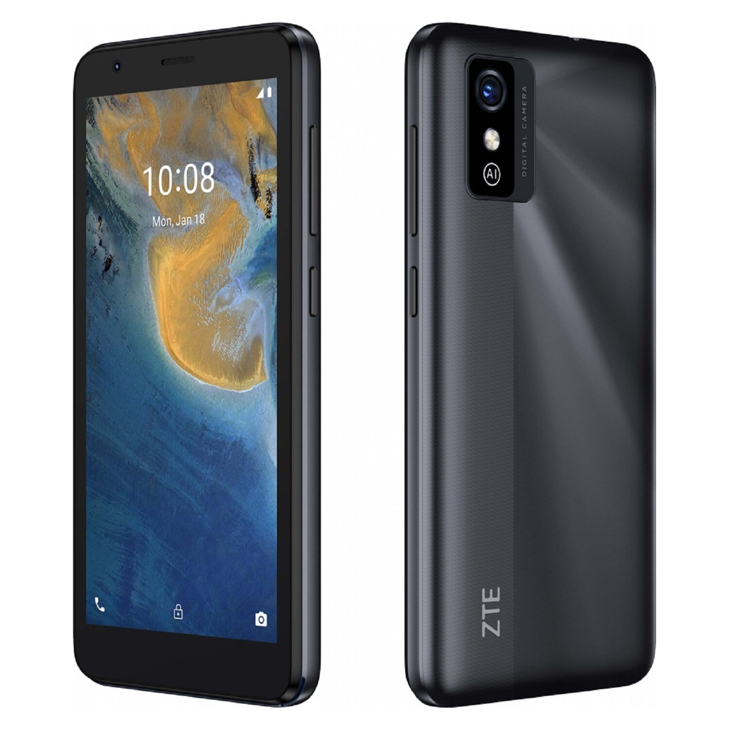 Schwarzes Smartphone mit Frontbildschirm, der die Uhrzeit anzeigt. Rückseite mit Kamera und ZTE-Logo.