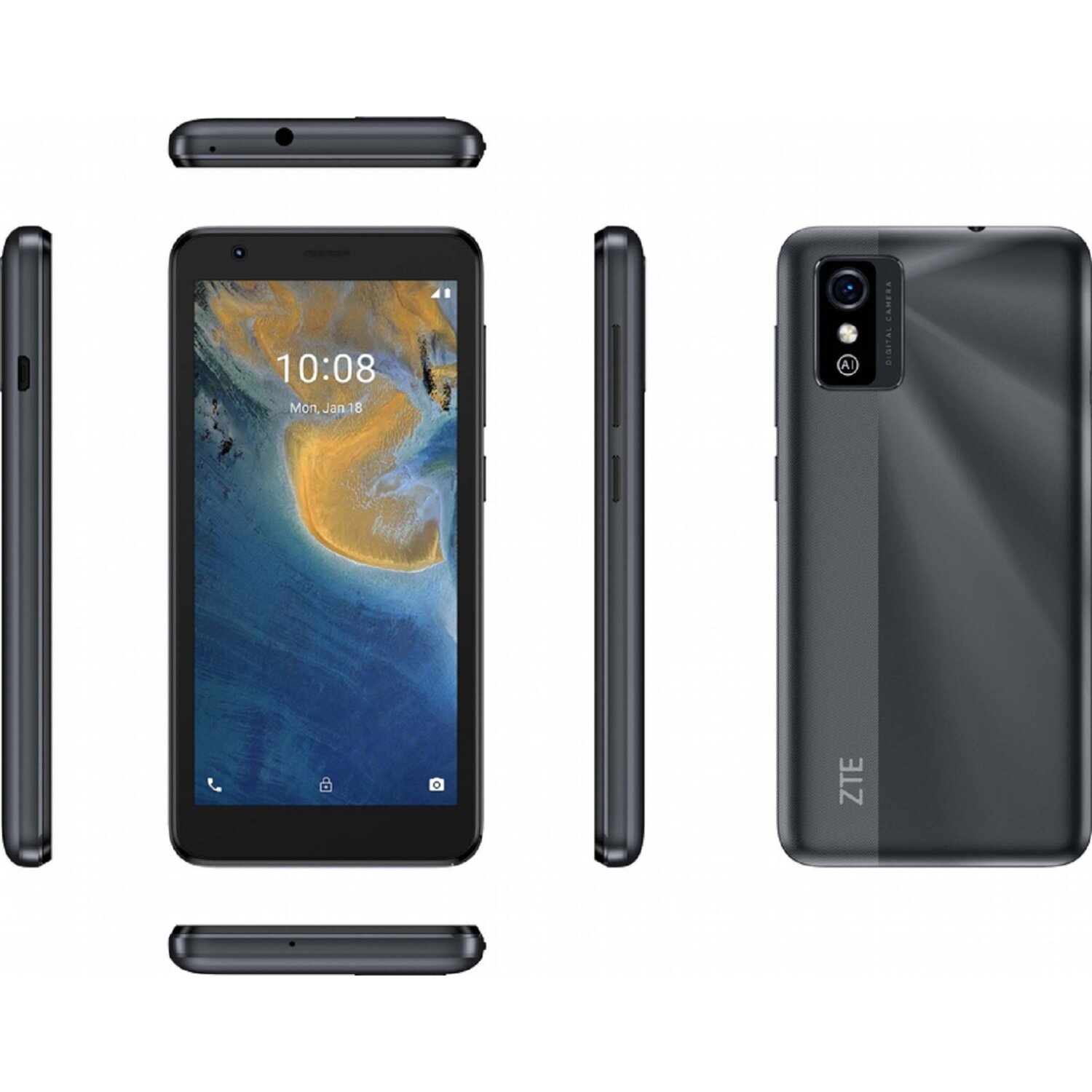 Schwarzes Smartphone mit einem Bildschirm, der eine Oberfläche anzeigt, weißer Hintergrund.