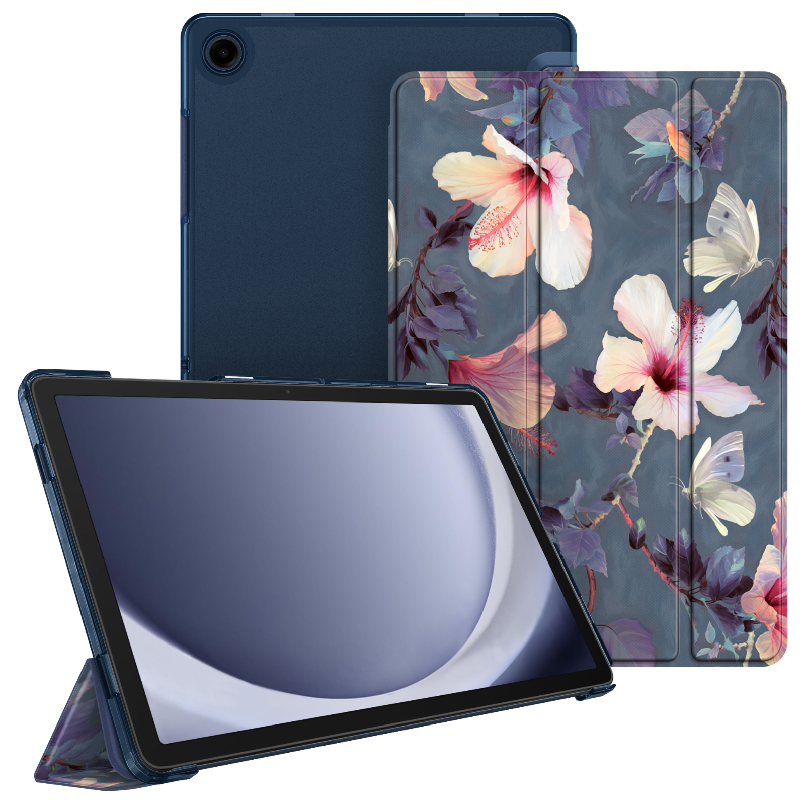 Blaue Tablethülle mit Tablet darin und Blumendesign auf dem Cover.