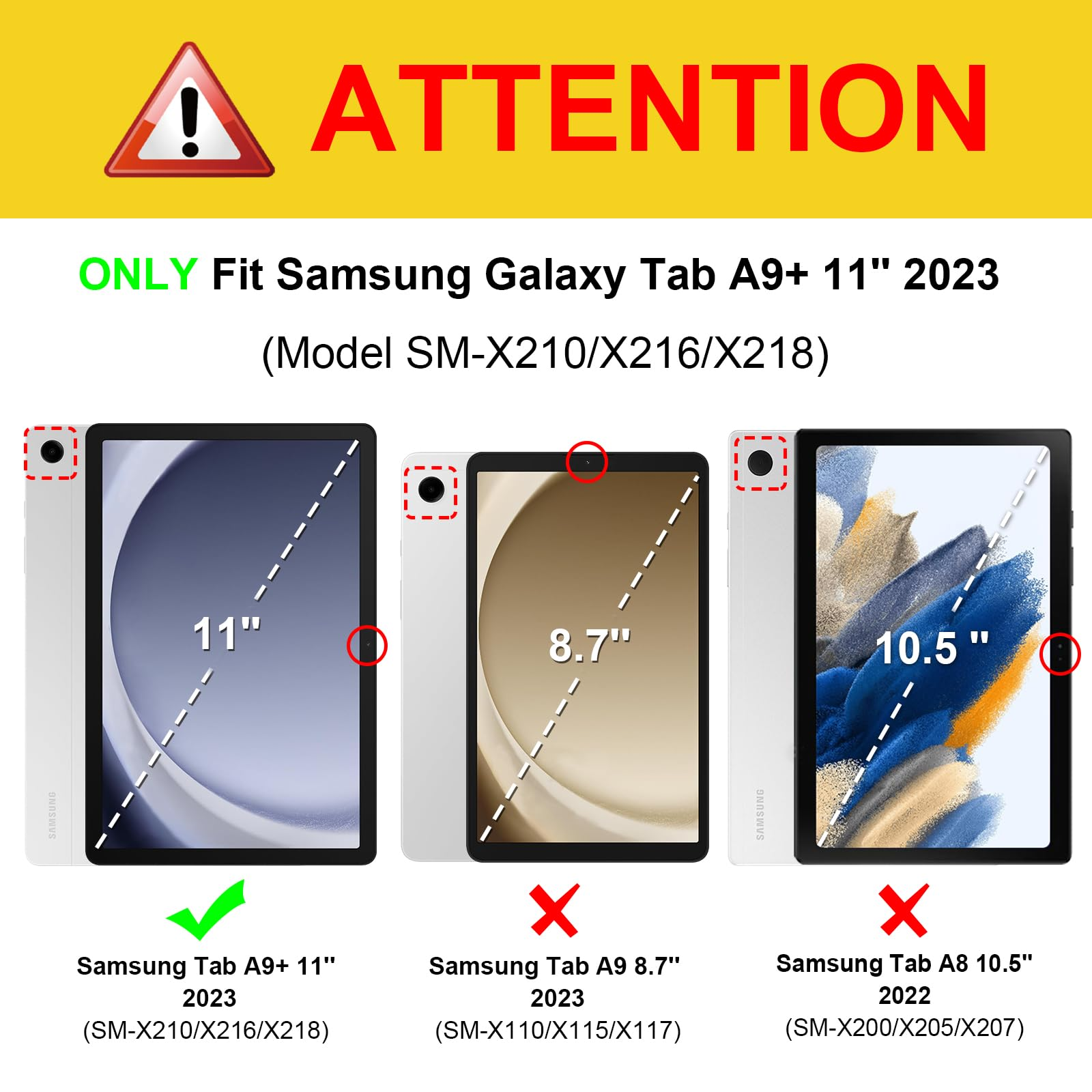 Vergleich von Samsung-Tablets: nur das Samsung Tab A9+ 11" 2023 ist kompatibel, andere Modelle mit X markiert.