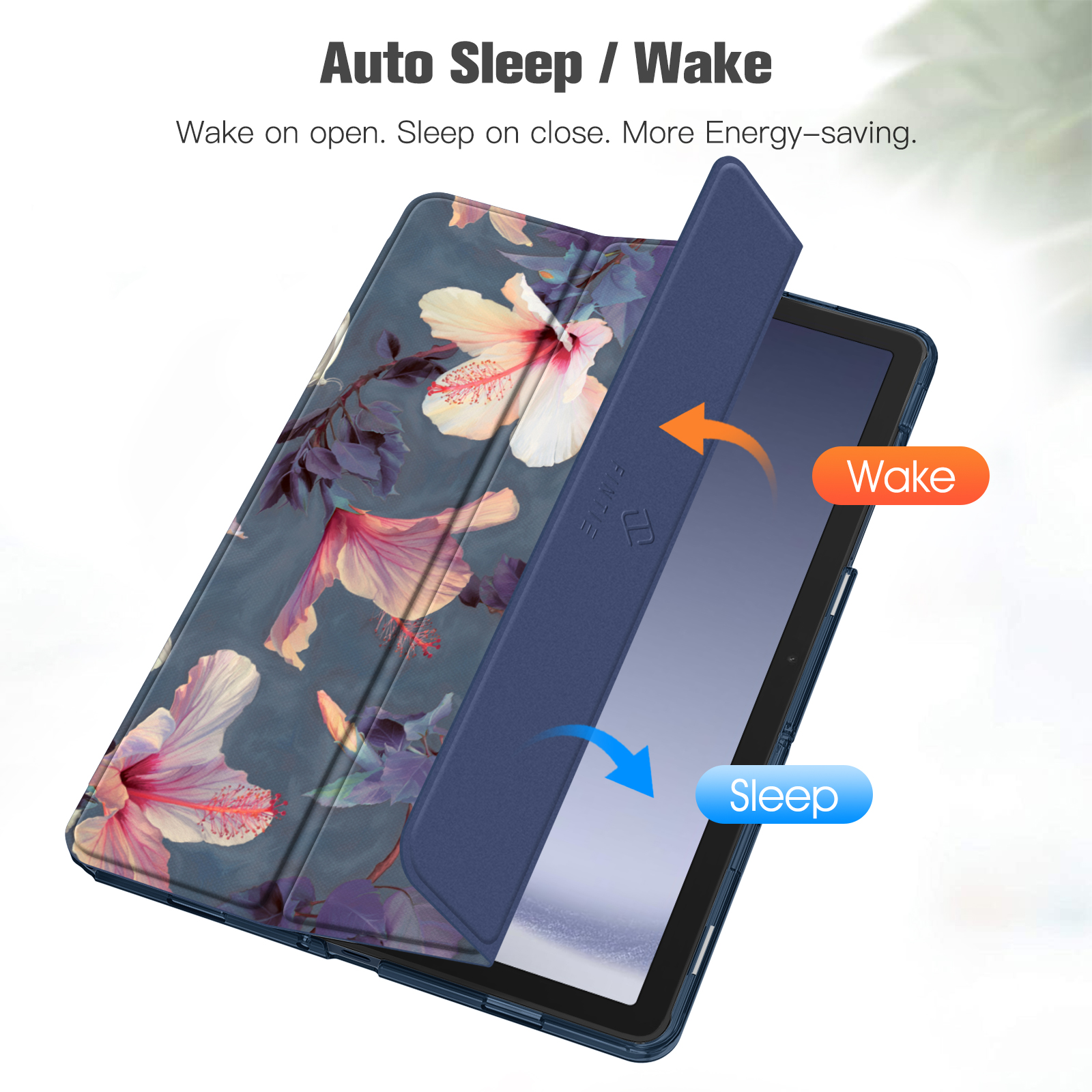 Tablethülle mit floralem Design. Die Abdeckung ist offen und zeigt den Tablet-Bildschirm. Text: Auto Sleep/Wake.