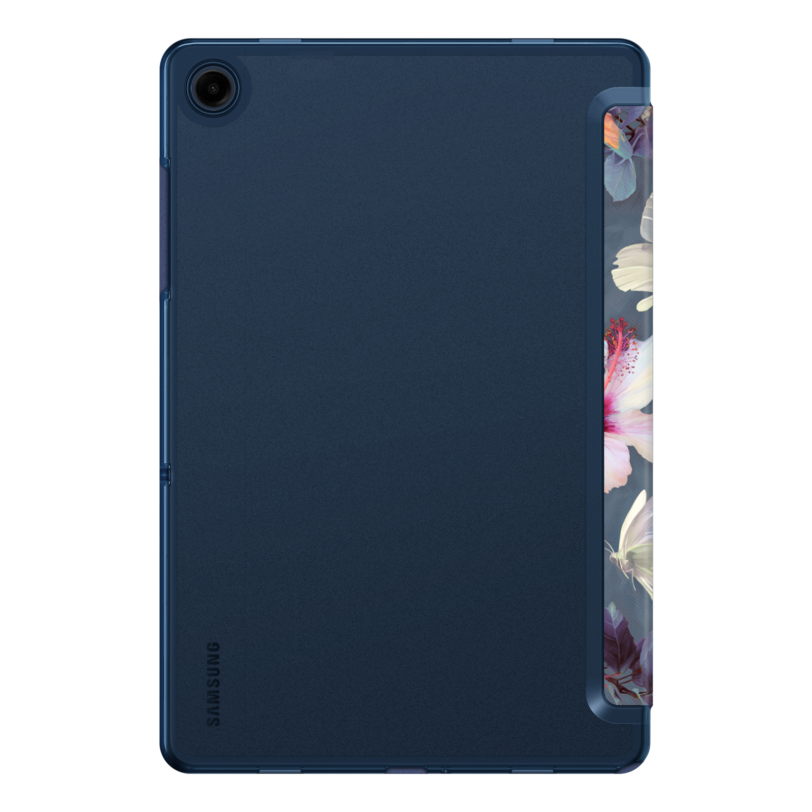 Tablet mit floral gemusterter Hülle, blaue Rückseite.