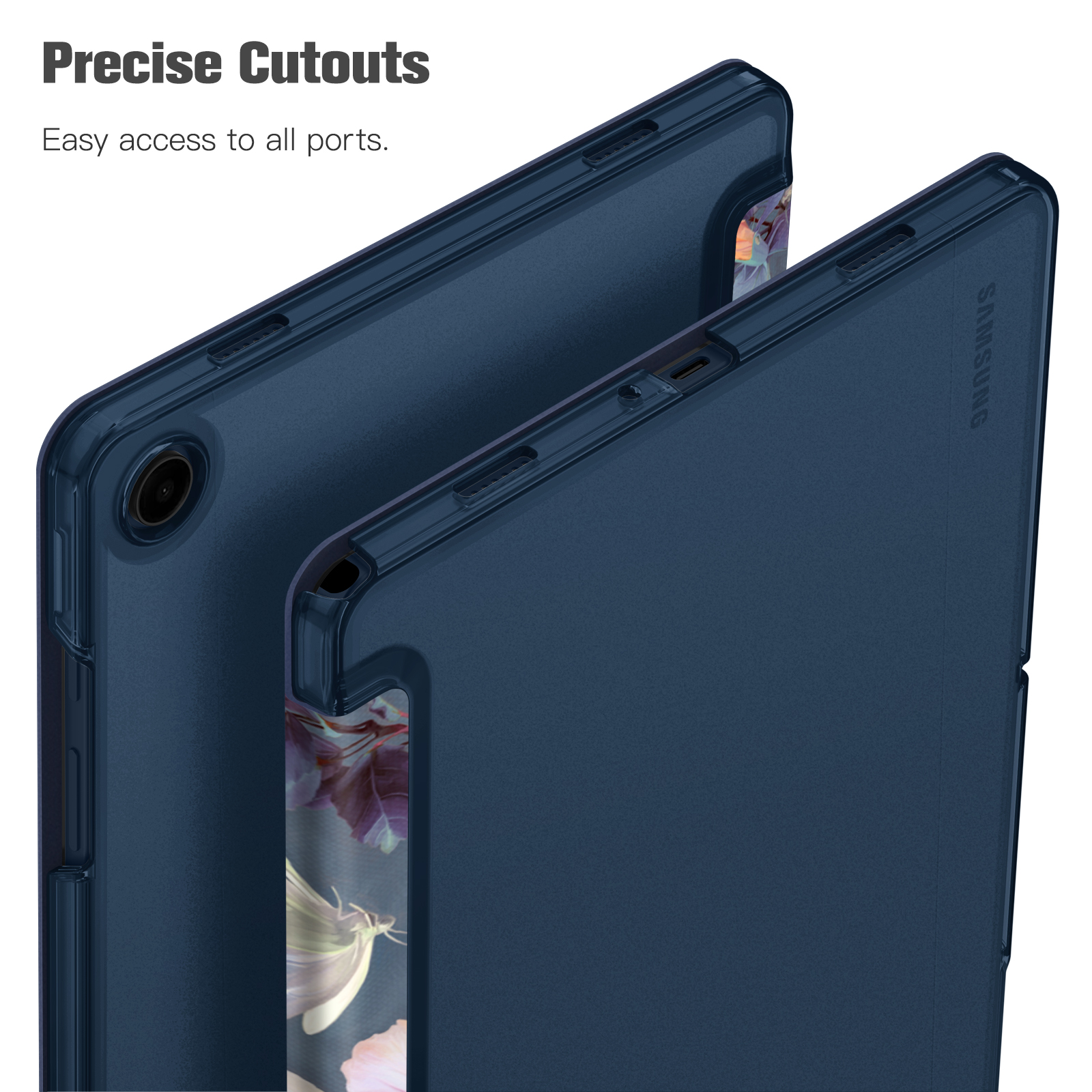 Zwei blaue Handyhüllen mit floralem Design, Nahaufnahme.