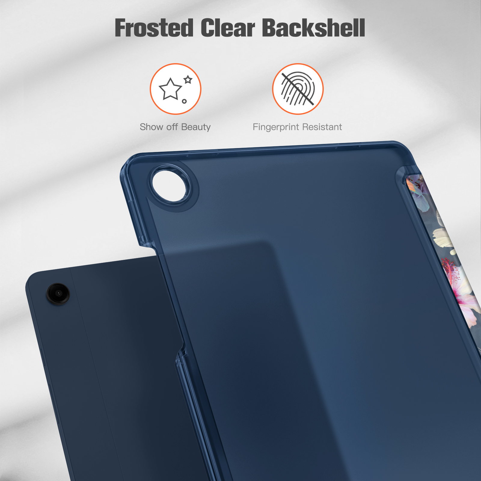 Eine blaue Tablet-Hülle mit mattierter Rückseite. Text: Zeigen Sie Schönheit, Fingerabdruckresistent.