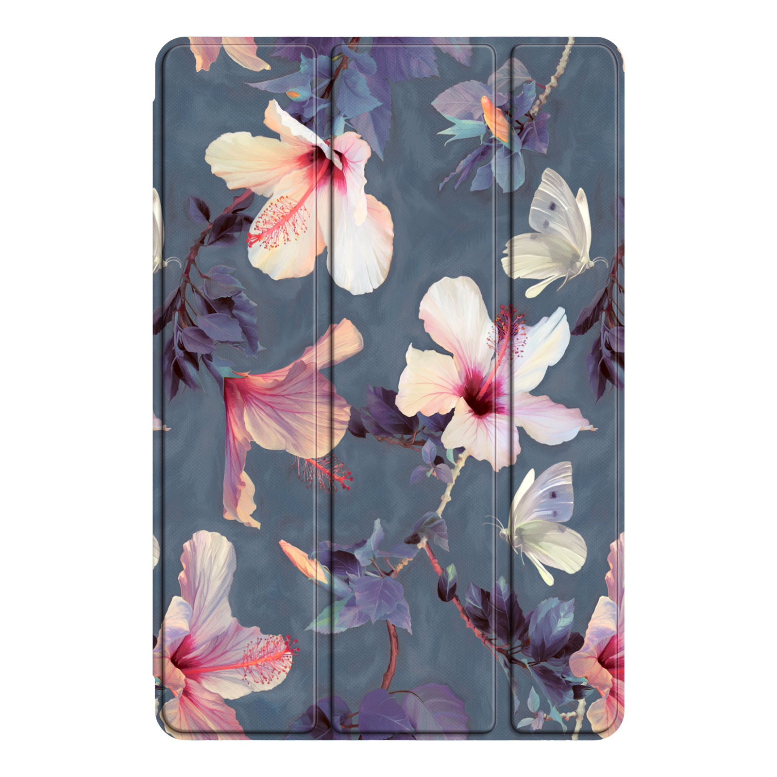 Eine Tablethülle mit Blumendesign, das rosa und weiße Hibiskusblüten und Schmetterlinge auf blauem Grund zeigt.