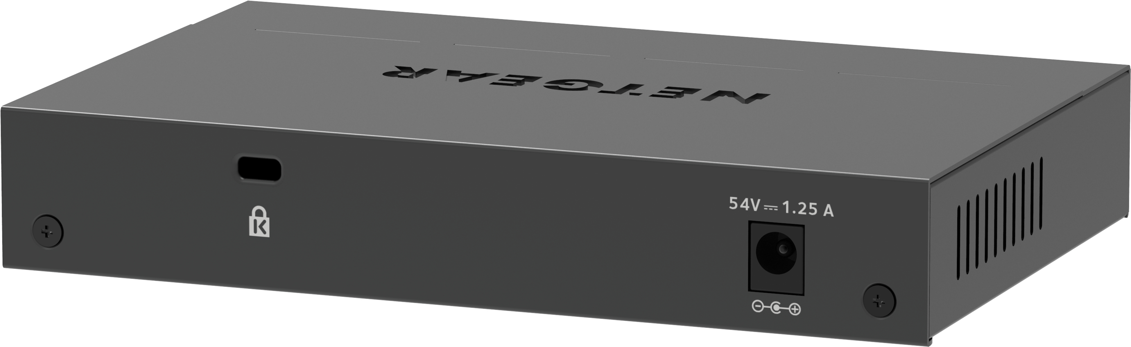 Uno switch di rete NETGEAR nero con collegamenti di alimentazione e porte.