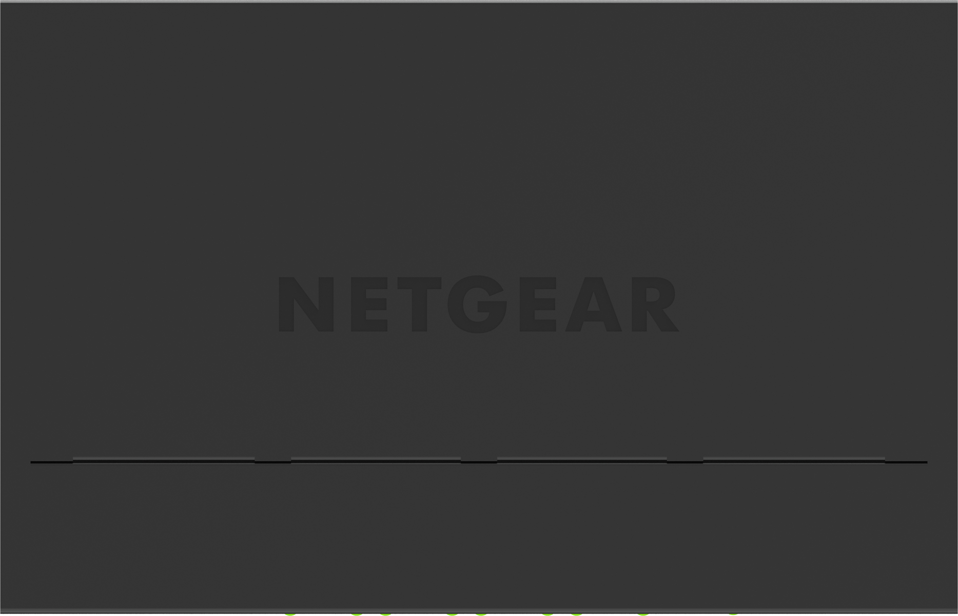 Primo piano di un dispositivo NETGEAR nero con una fila di luci verdi in basso.