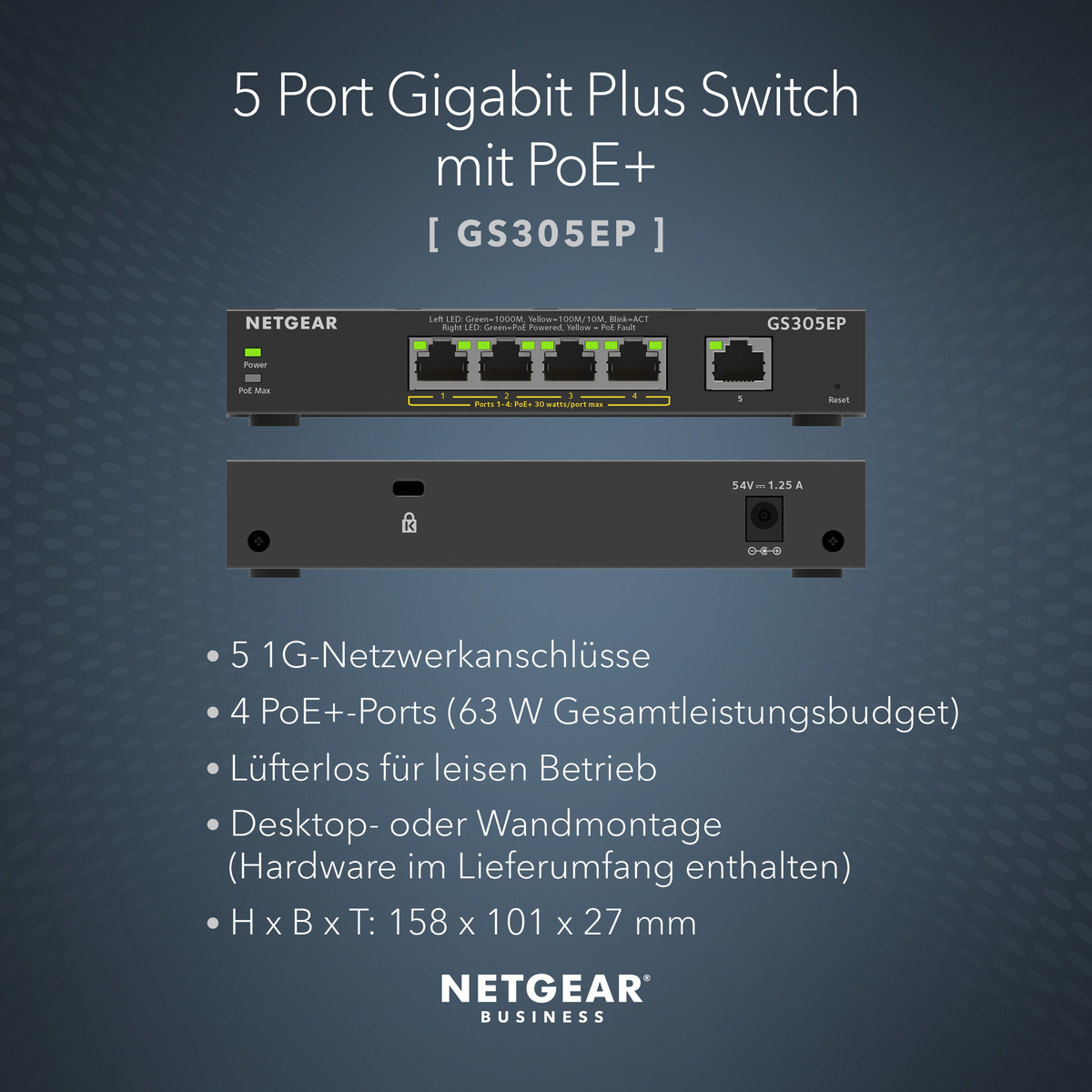 Uno switch Gigabit Plus a 5 porte, con porte, luci e un ingresso di alimentazione.