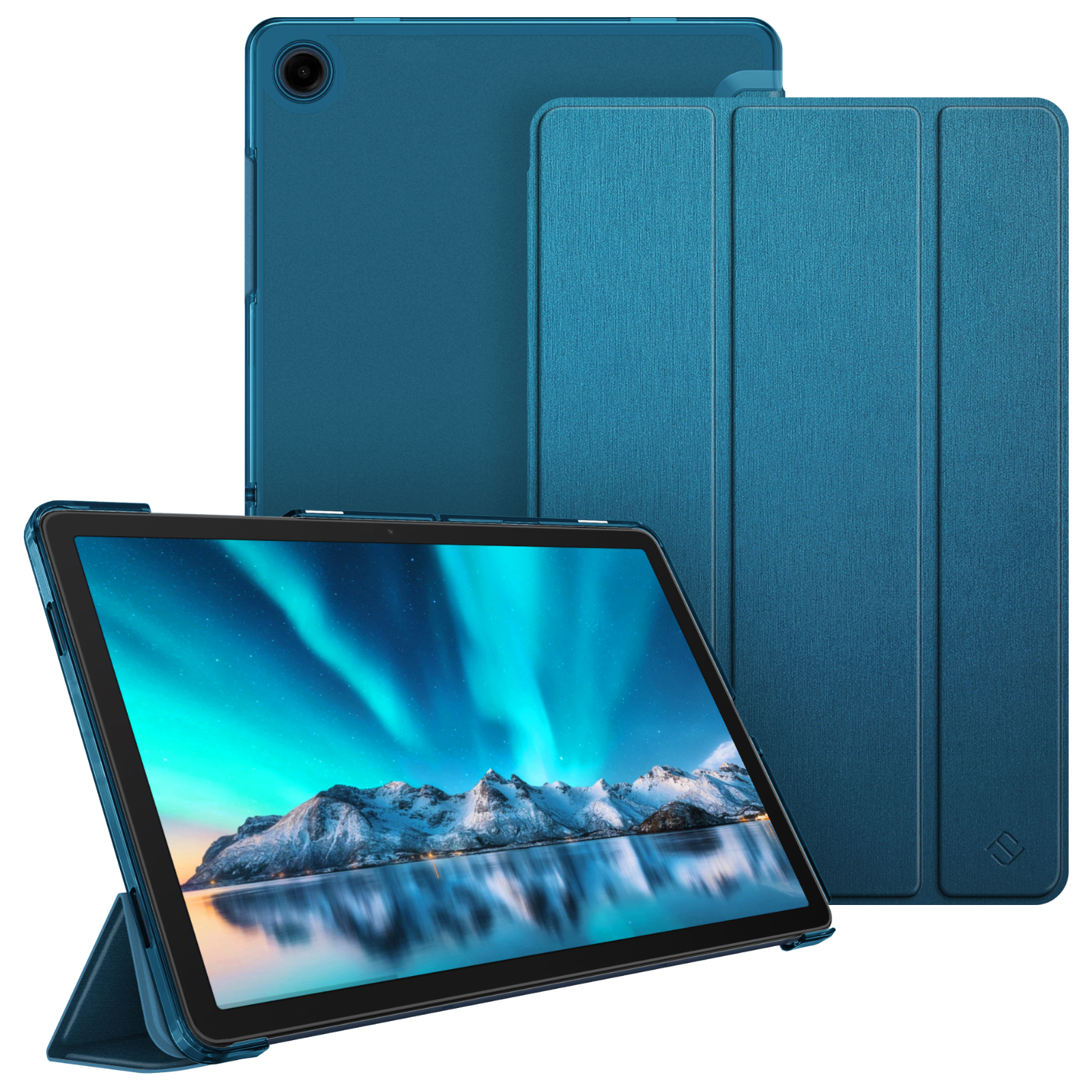 Drei tealfarbene Tablets, eines mit Berglandschaft, zwei mit Hüllen.