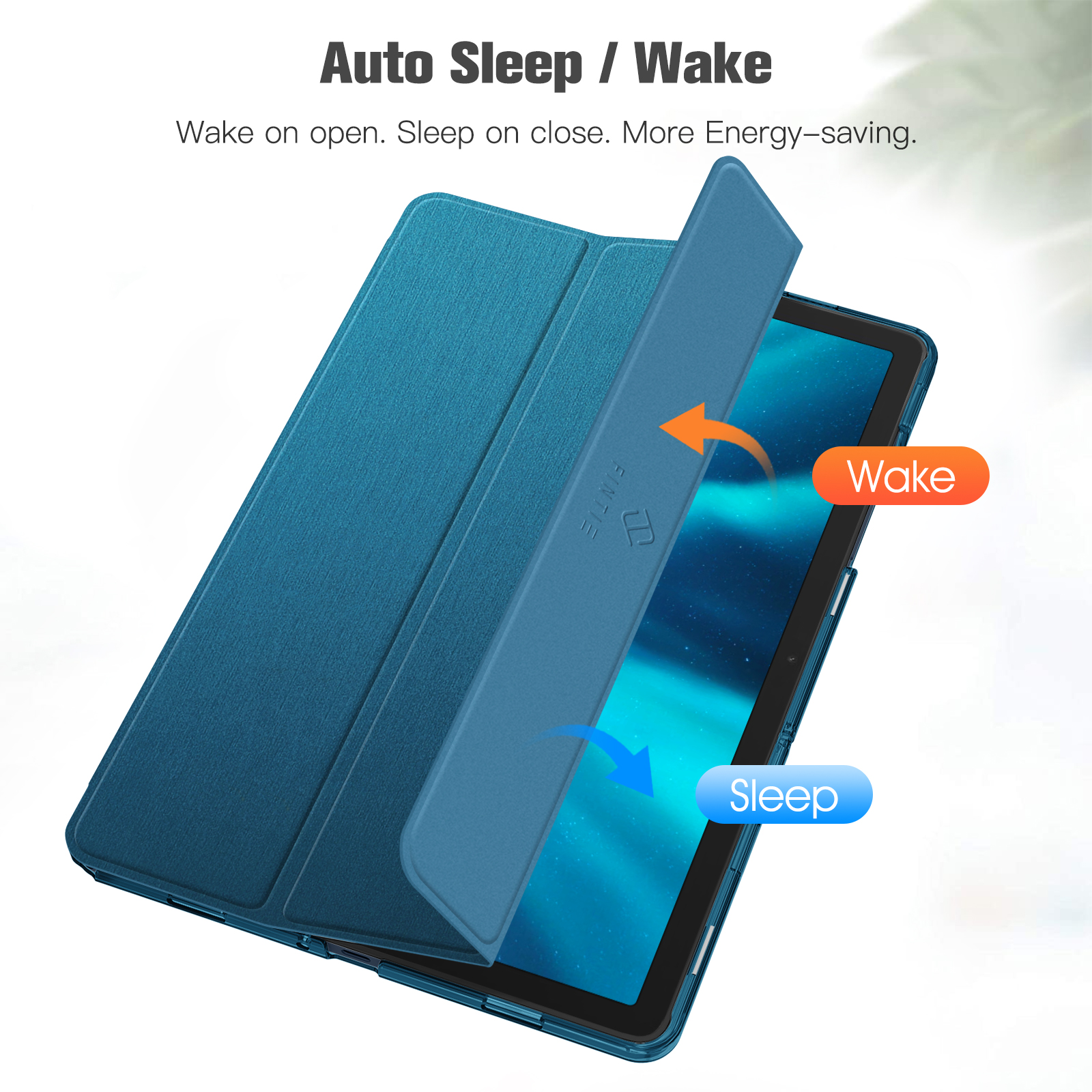 Blaue Tablet-Hülle mit offenem Deckel. Text zeigt 'Wake' und 'Sleep' Funktionen.