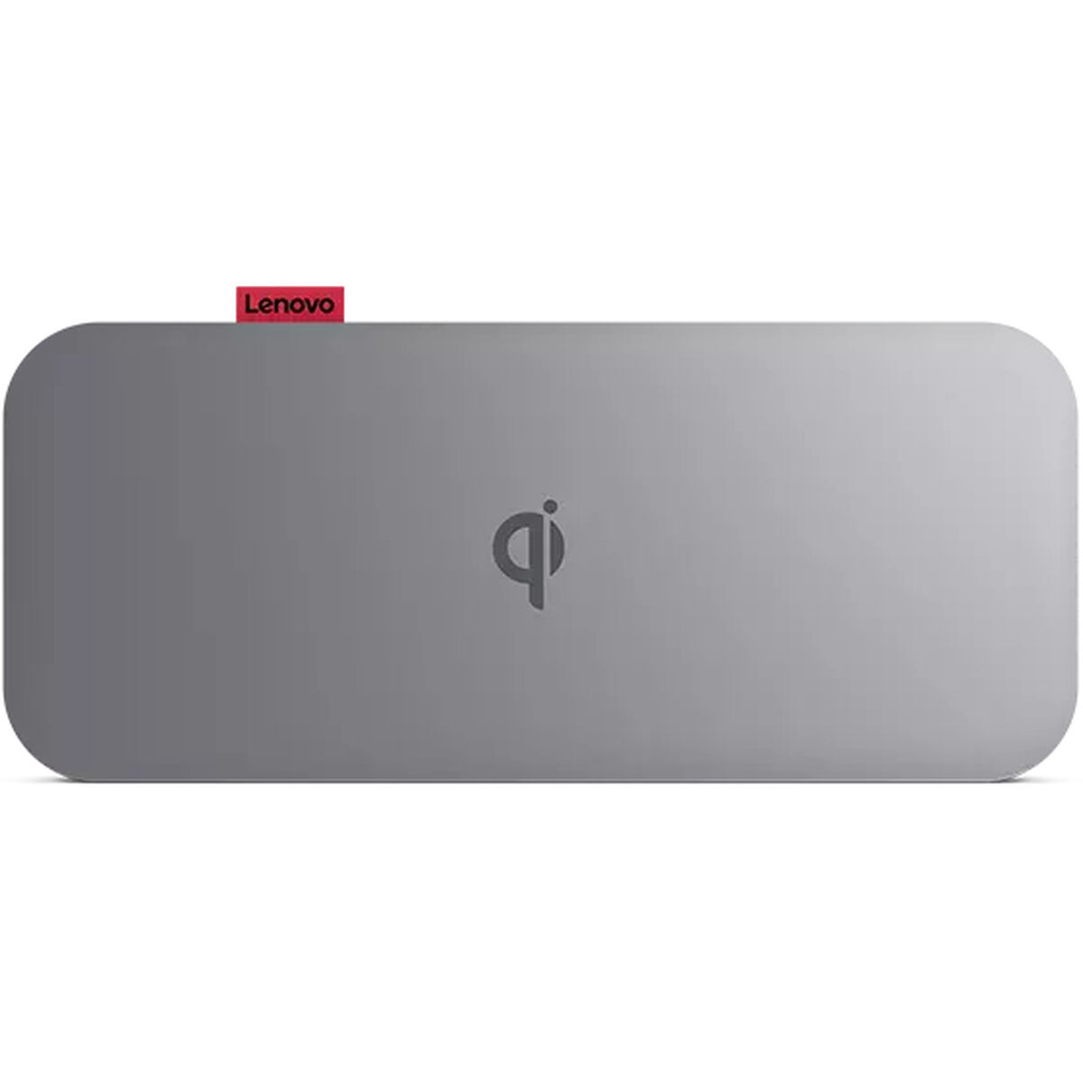 Graues Lenovo-Funkladegerät. Rotes Lenovo-Logo. Qi-Ladesymbol. Rechteckige Form.