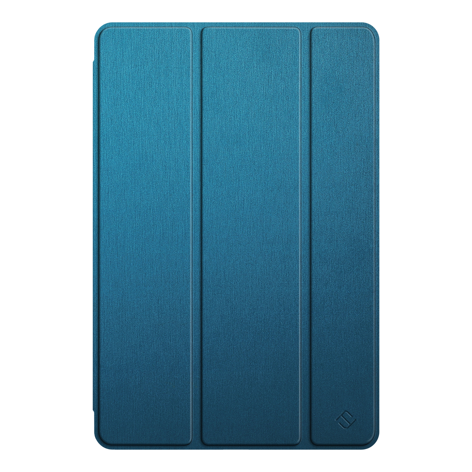 Eine blaue Tablet-Hülle mit drei vertikalen Falten. Sie besteht aus strukturiertem Material.