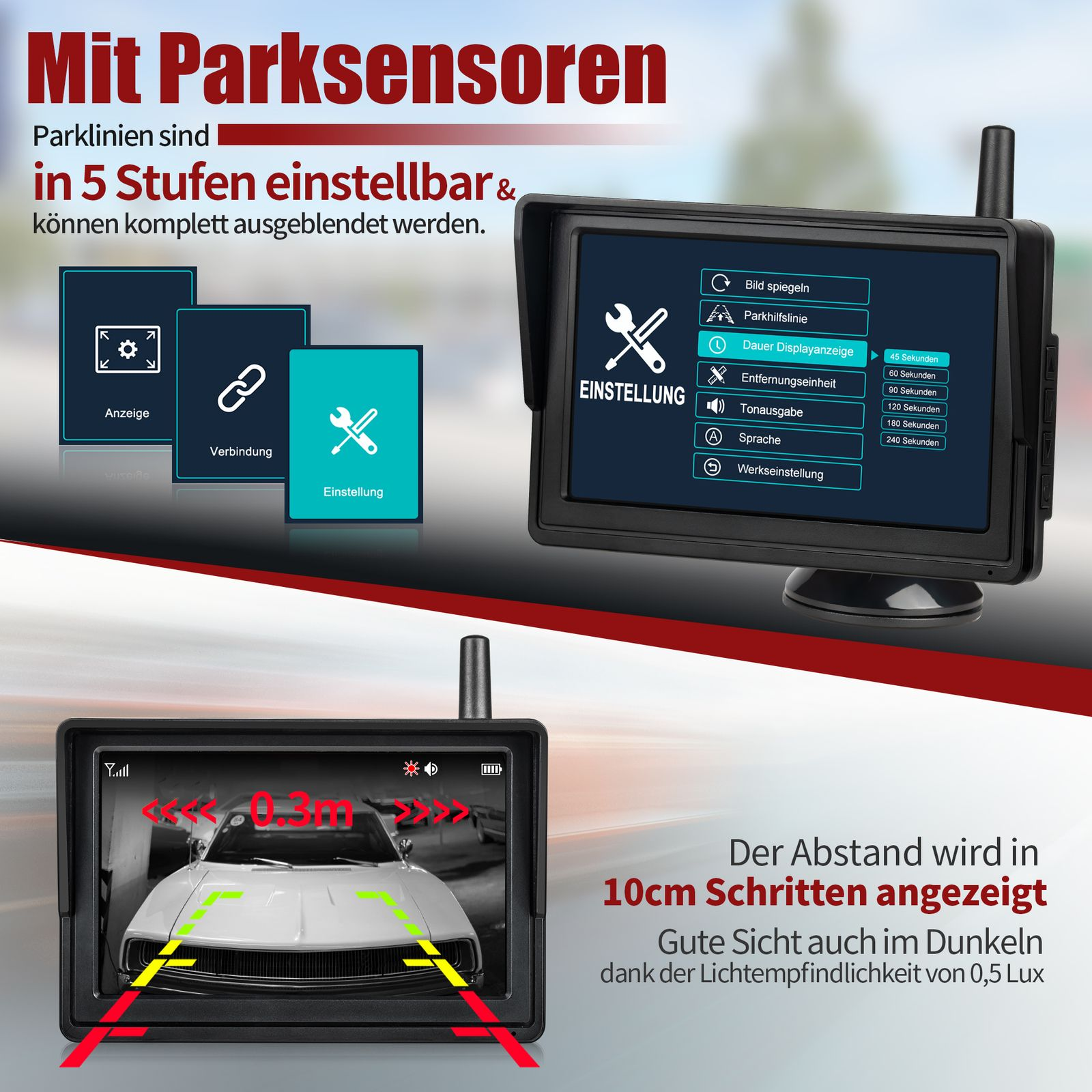 Ein Bildschirm für Rückfahrkamera, ein Display mit Einstellungen und Text über Parkassistent und Abstand.