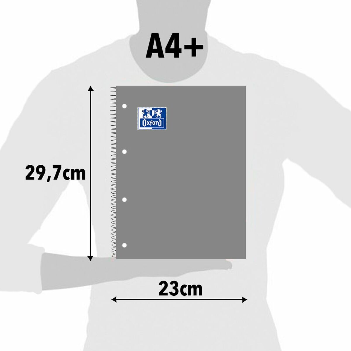 A4+ graues Notizbuch mit Oxford-Logo und Abmessungen: 29,7 cm x 23 cm.