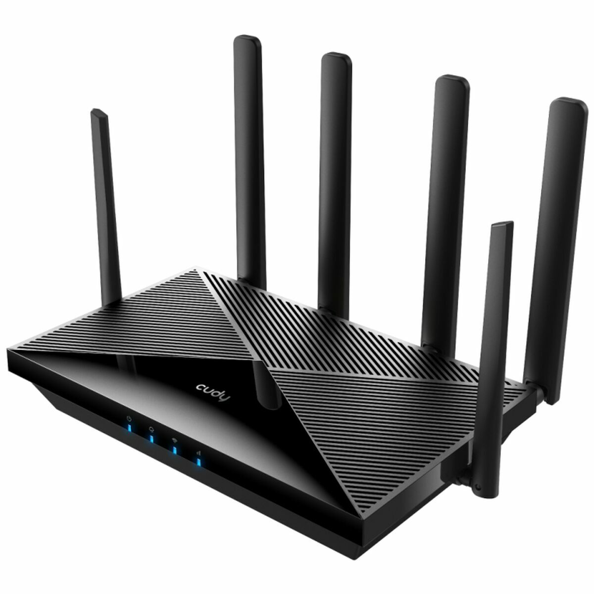 Router nero con sei antenne. La parte superiore ha un design triangolare. Il router ha luci blu.
