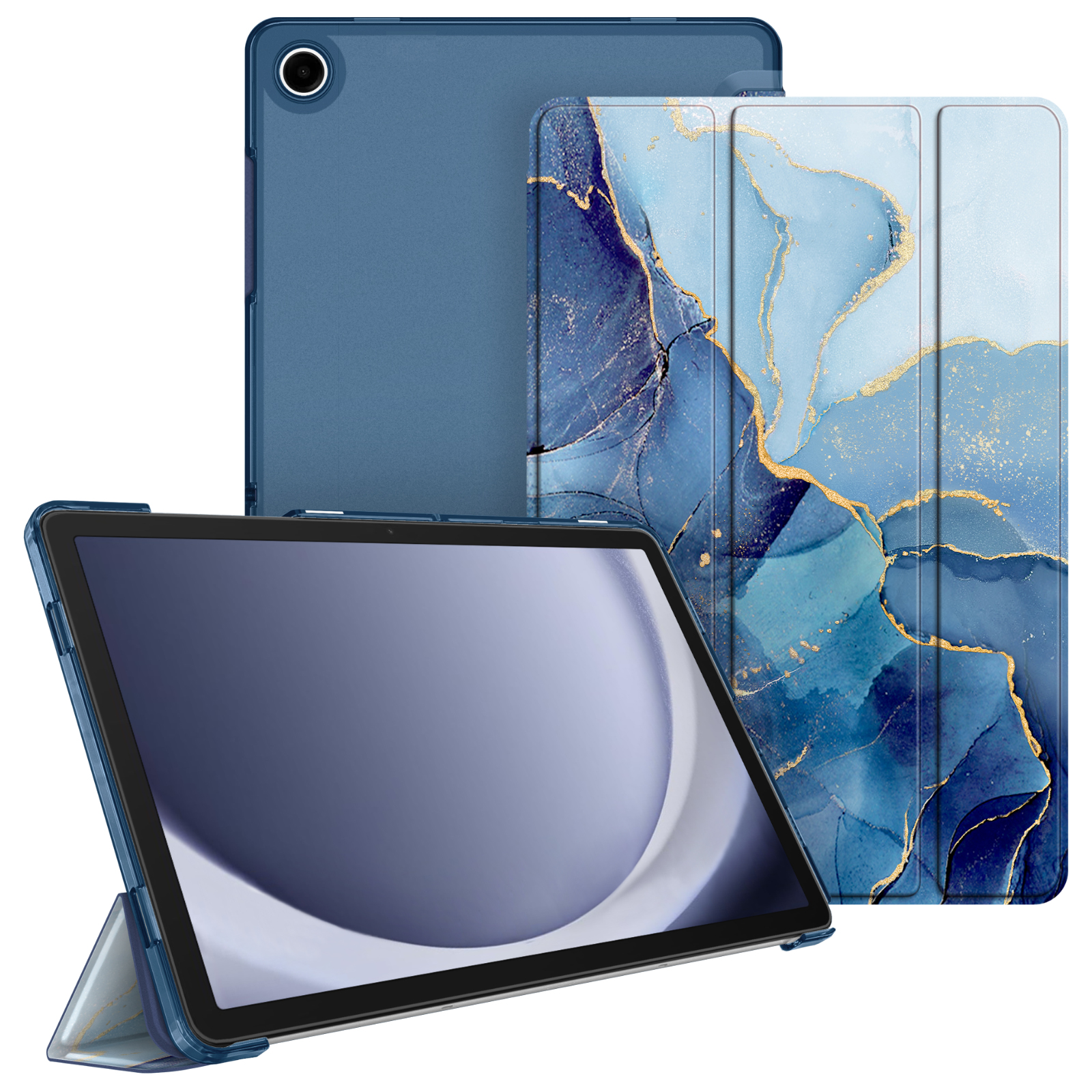 Eine blaue Tablethülle und ein Tablet mit Stift auf weißem Hintergrund.