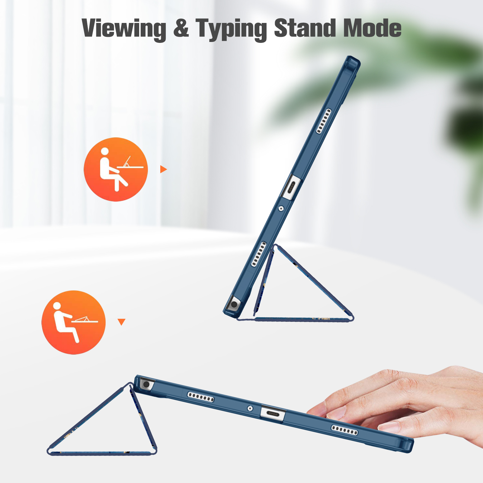 Blaue Tablethülle im Betrachtungs- und Tippmodus mit einer Hand und orangefarbenen Symbolen auf Weiß.