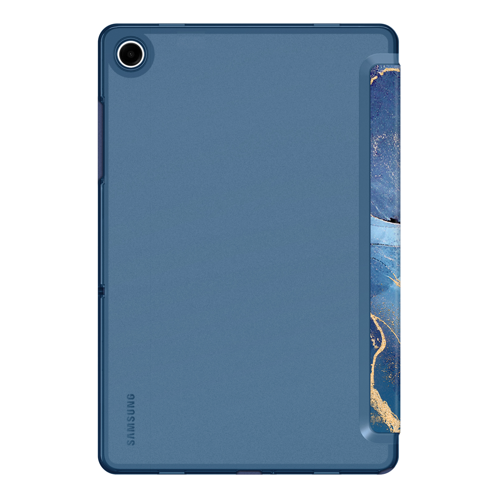 Blaue Tablethülle mit marmorähnlichem Design an der Seite.