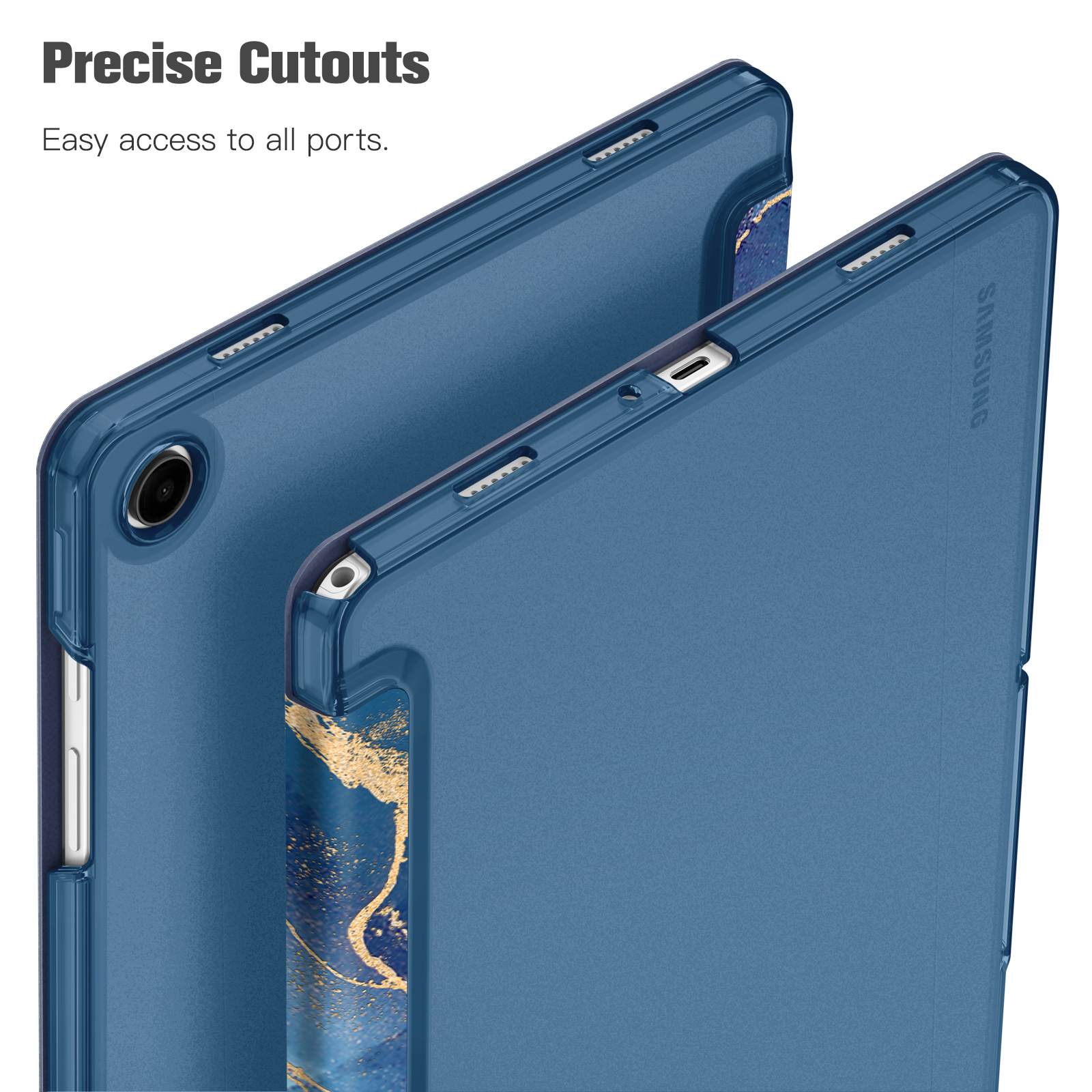 Zwei blaue Tablet-Hüllen mit goldenem Marmordesign. Weißer Hintergrund.