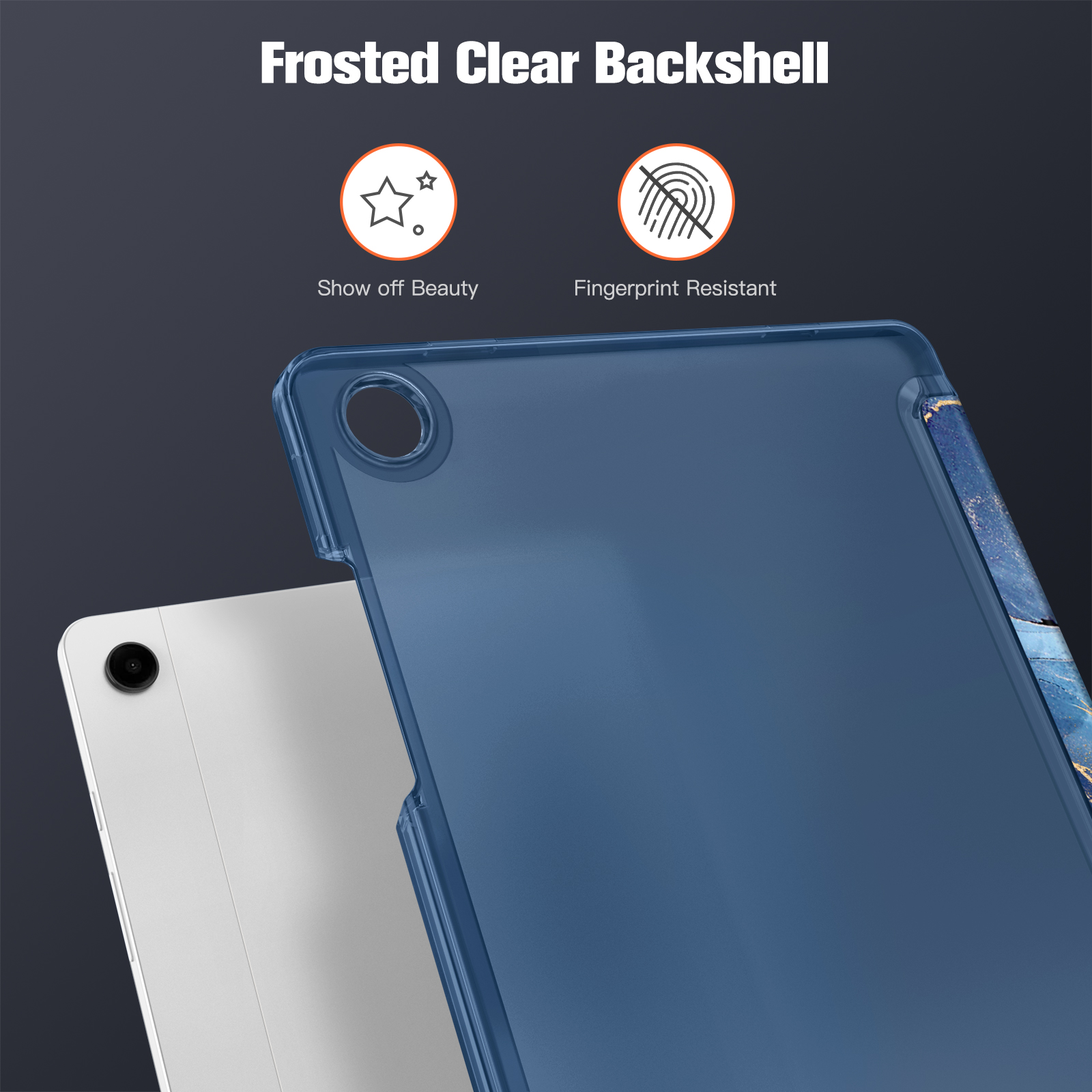 Blaue Tablet-Hülle mit Text. Mattierte Rückschale mit Schönheits- und Fingerabdruck-Icons.