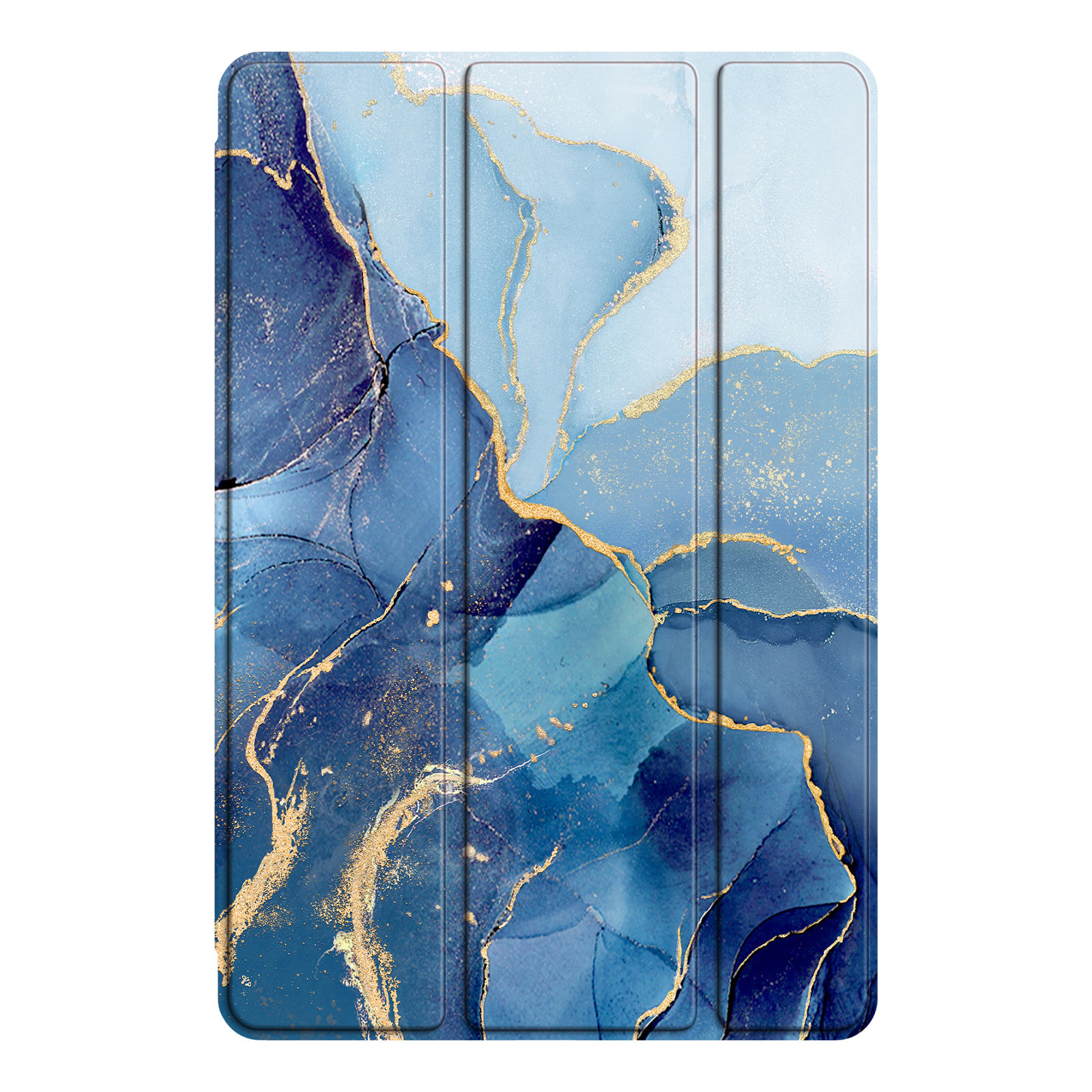 Blau und gold gemusterte Tablet-Hülle, geschlossen. Die Hülle befindet sich auf weißem Hintergrund. Es ist eine Tablethülle.