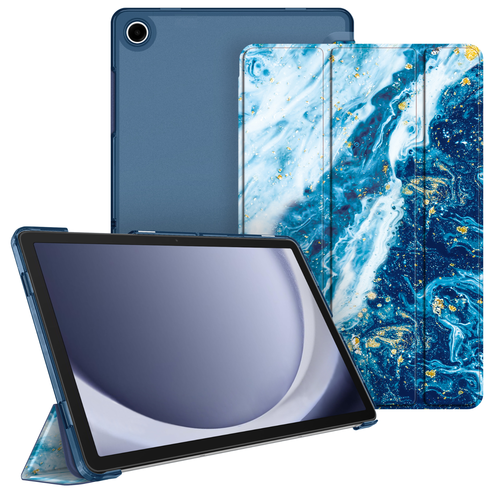 Blaue Tablethüllen. Eine offen, das Tablet zeigend. Zwei geschlossene Hüllen, eine mit Marmormuster.