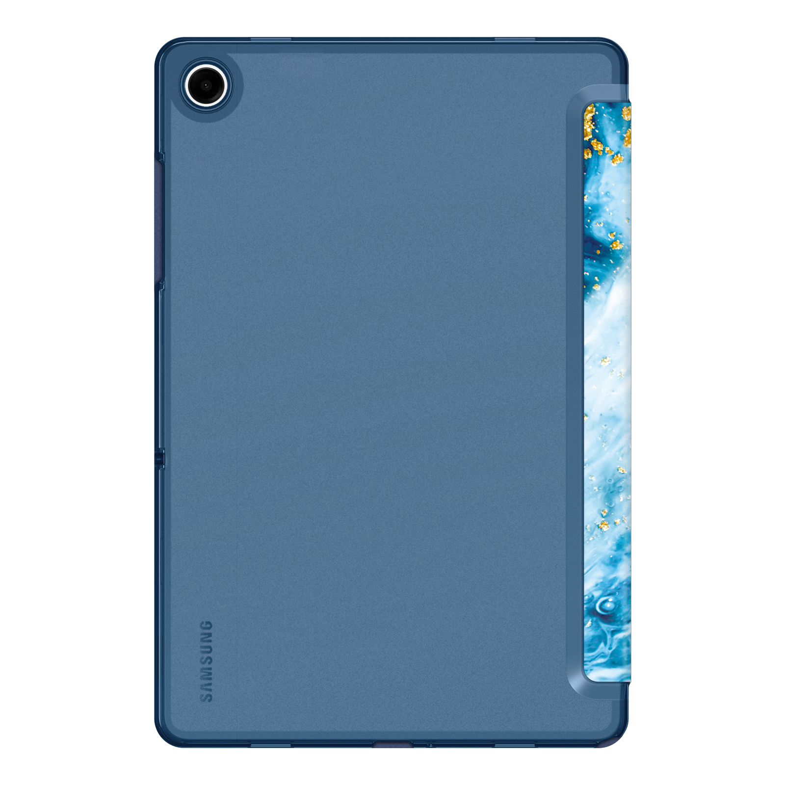 Eine blaue Tablethülle mit Samsung-Logo und einem gemusterten Design an der Seite.