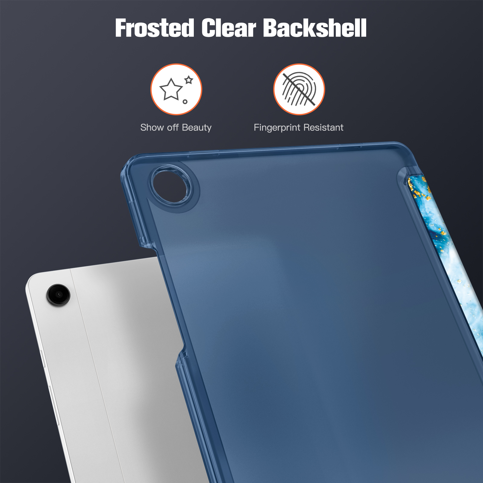 Blaue Tablet-Hülle mit mattiertem, klarem Rücken, mit Text, der besagt: Schönheit zeigen und Fingerabdruckresistent.