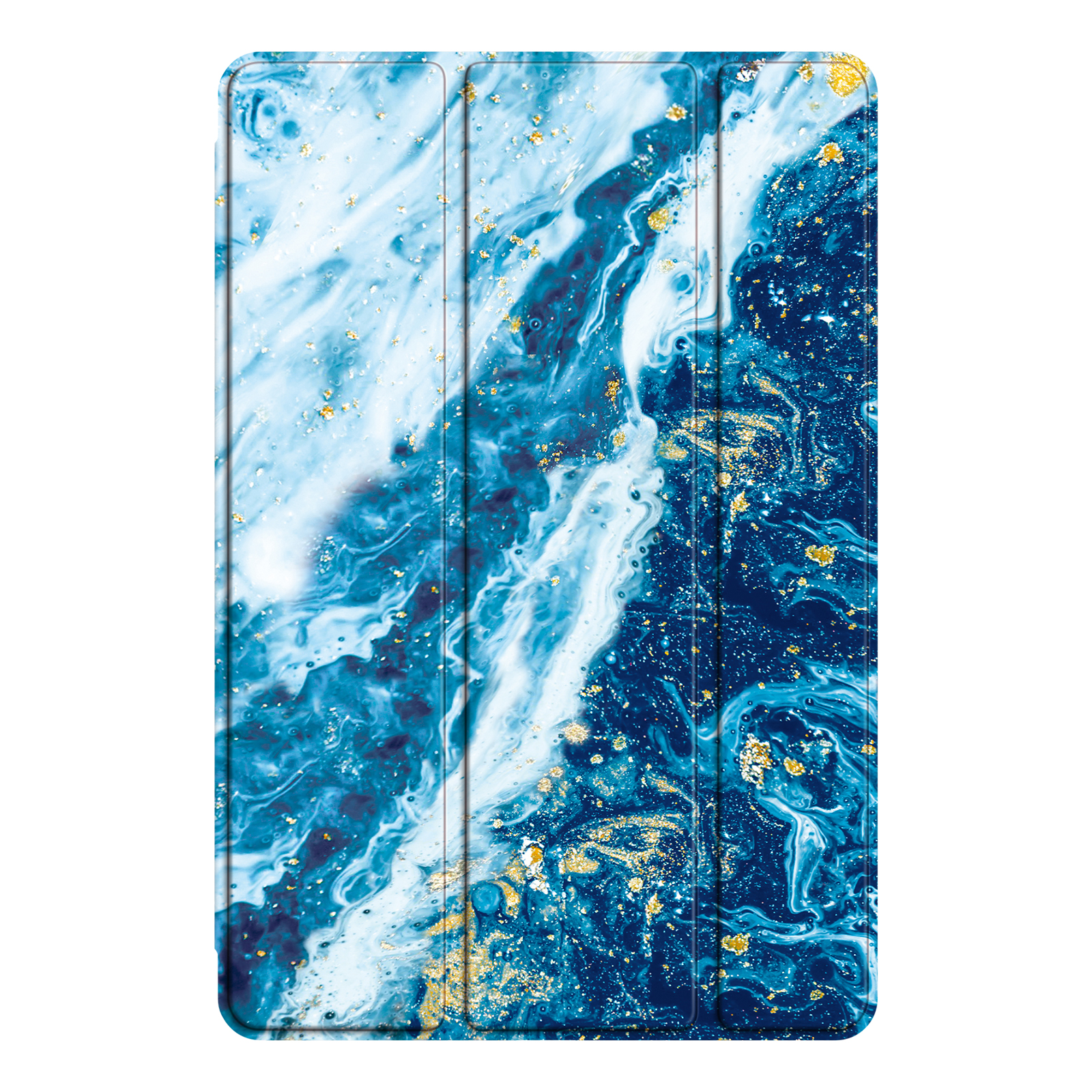 Eine blau, weiß und gold marmorierte Tablethülle. Der Hintergrund ist weiß.