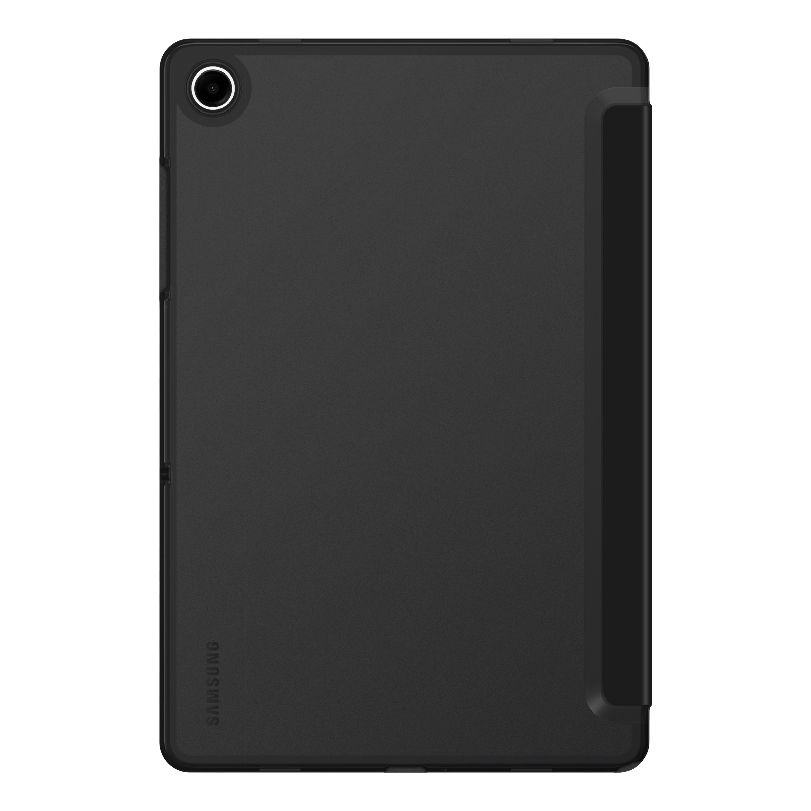 Schwarzes Tablet mit schwarzer Hülle. Es hat eine Kamera und den Markennamen Samsung.